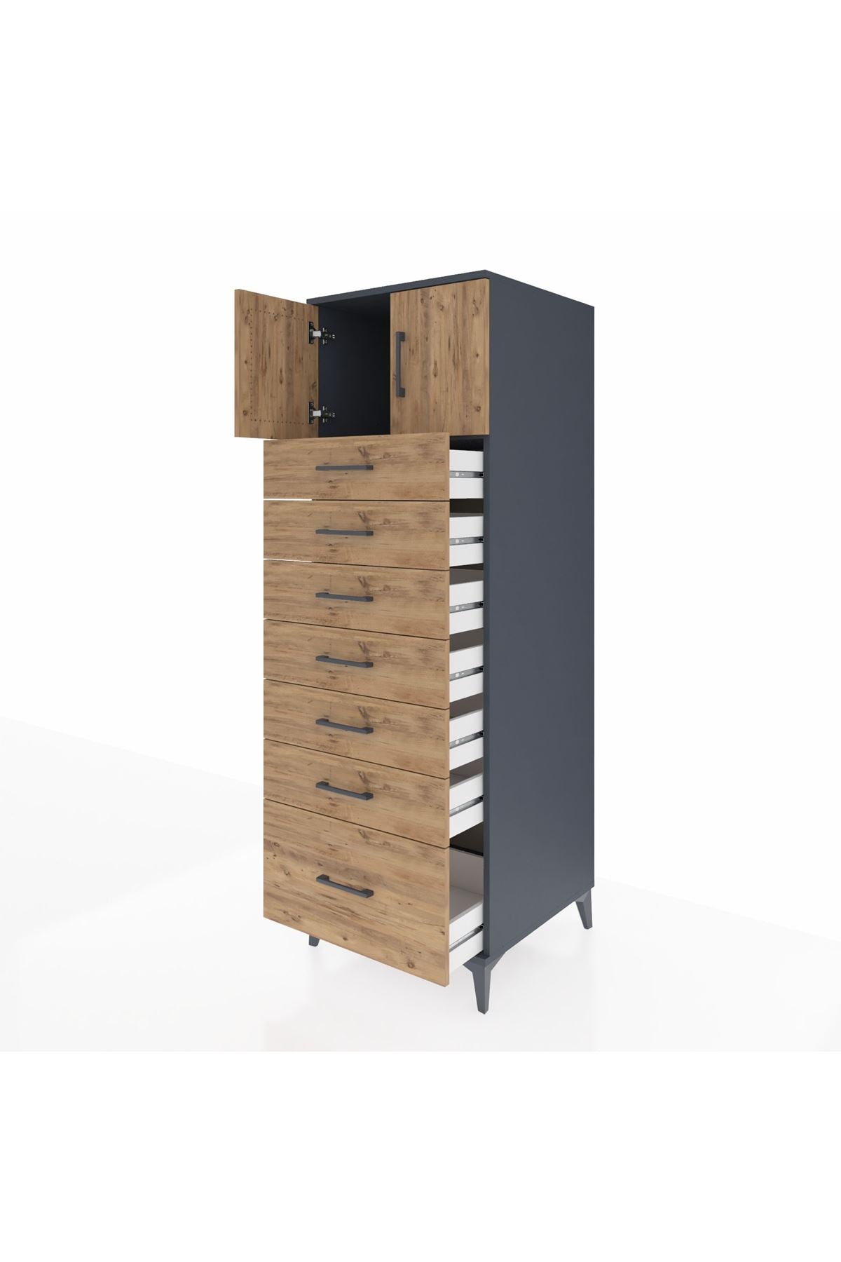 Kronos Dolap Tek Raflı 7 Çekmeceli 2 Kapaklı 60x59x182 Antrasit-Çam