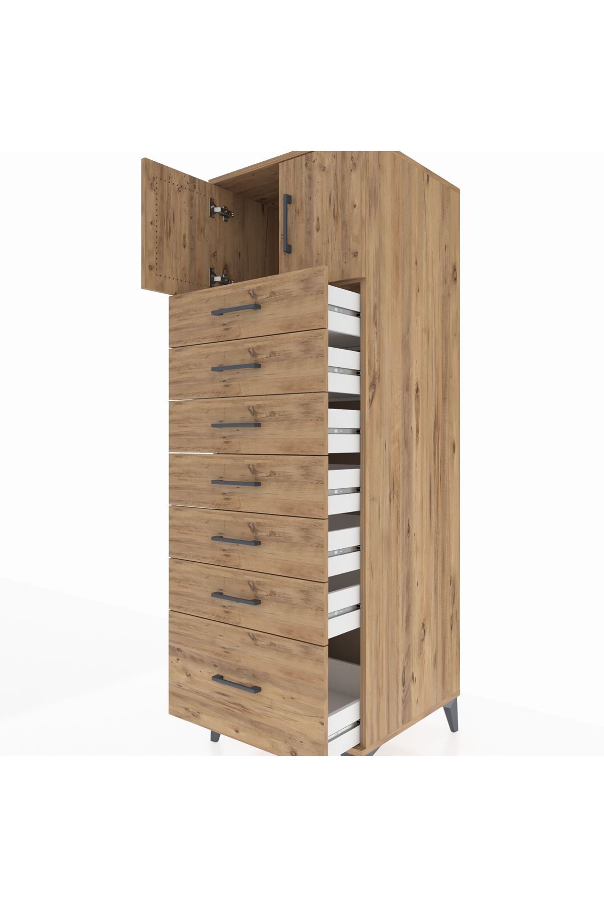 Kronos Dolap Tek Raflı 7 Çekmeceli 2 Kapaklı 60x59x182 Çam-Çam