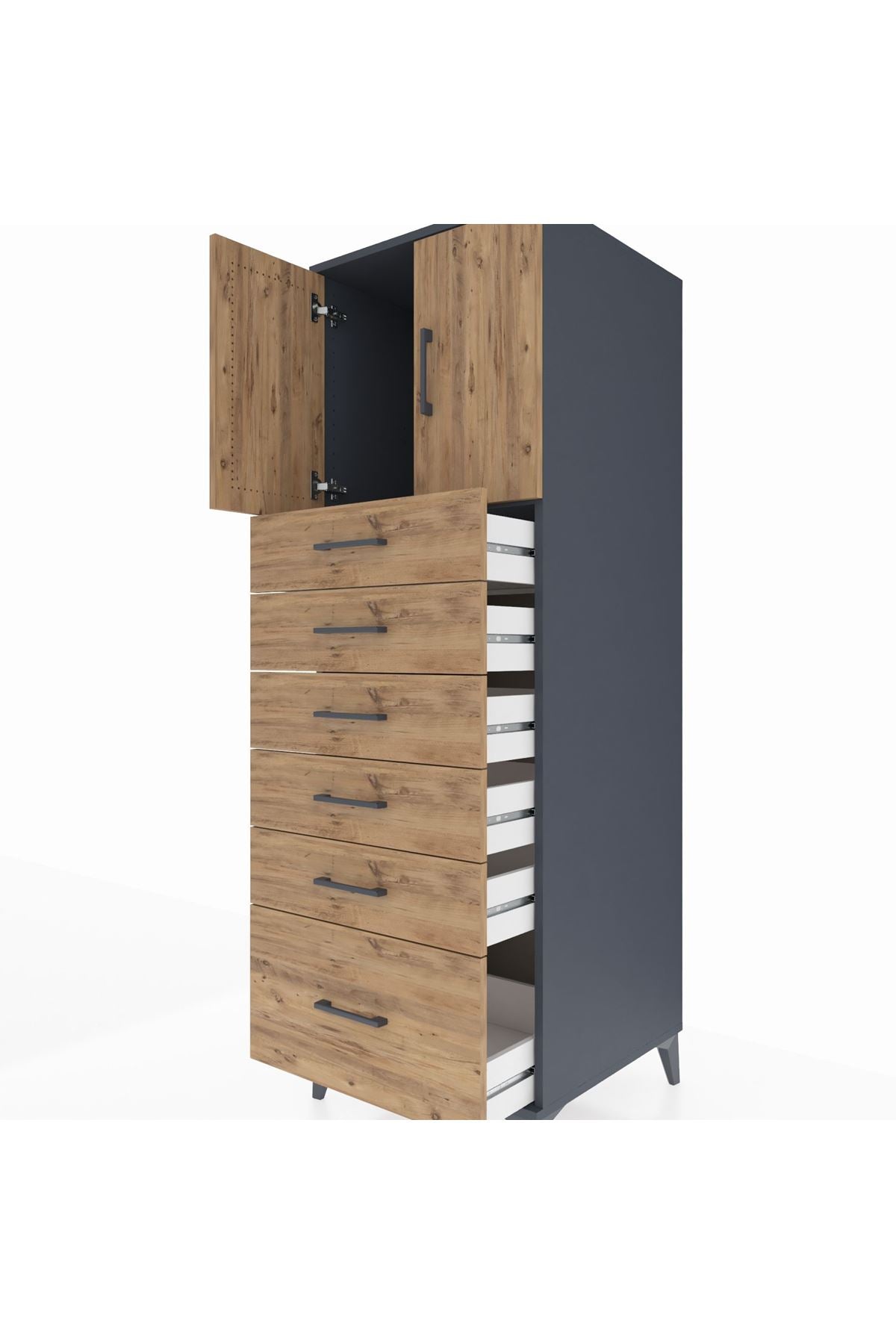 Kronos Dolap Tek Raflı 6 Çekmeceli 2 Kapaklı 60x59x182 Antrasit-Çam