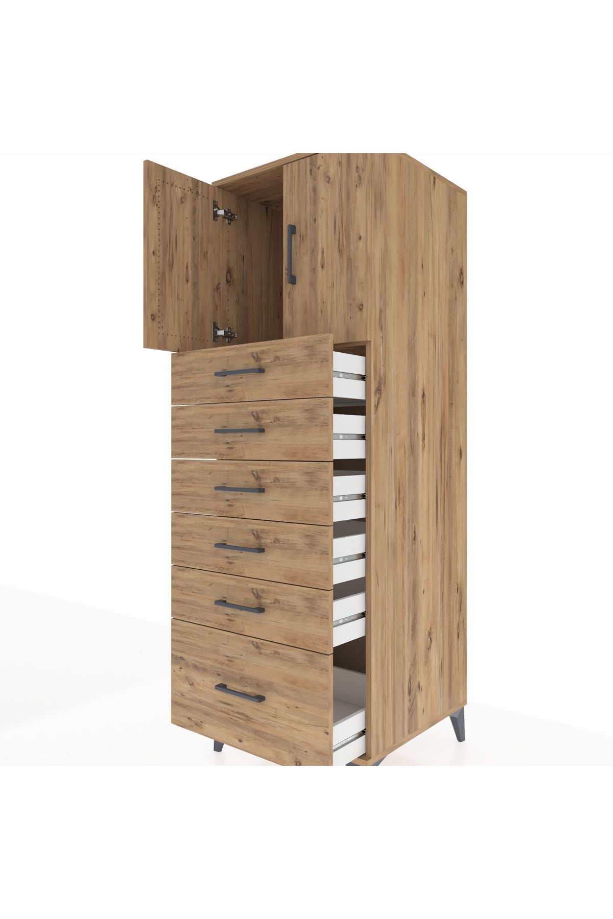 Kronos Dolap Tek Raflı 6 Çekmeceli 2 Kapaklı 60x59x182 Çam-Çam