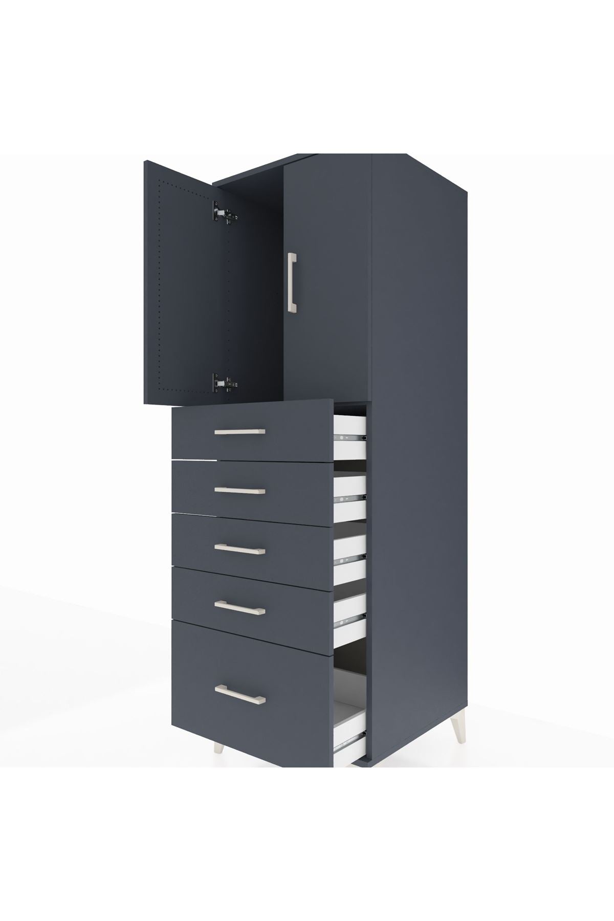 Kronos Dolap Tek Raflı 5 Çekmeceli 2 Kapaklı 60x59x182 Antrasit-Antrasit