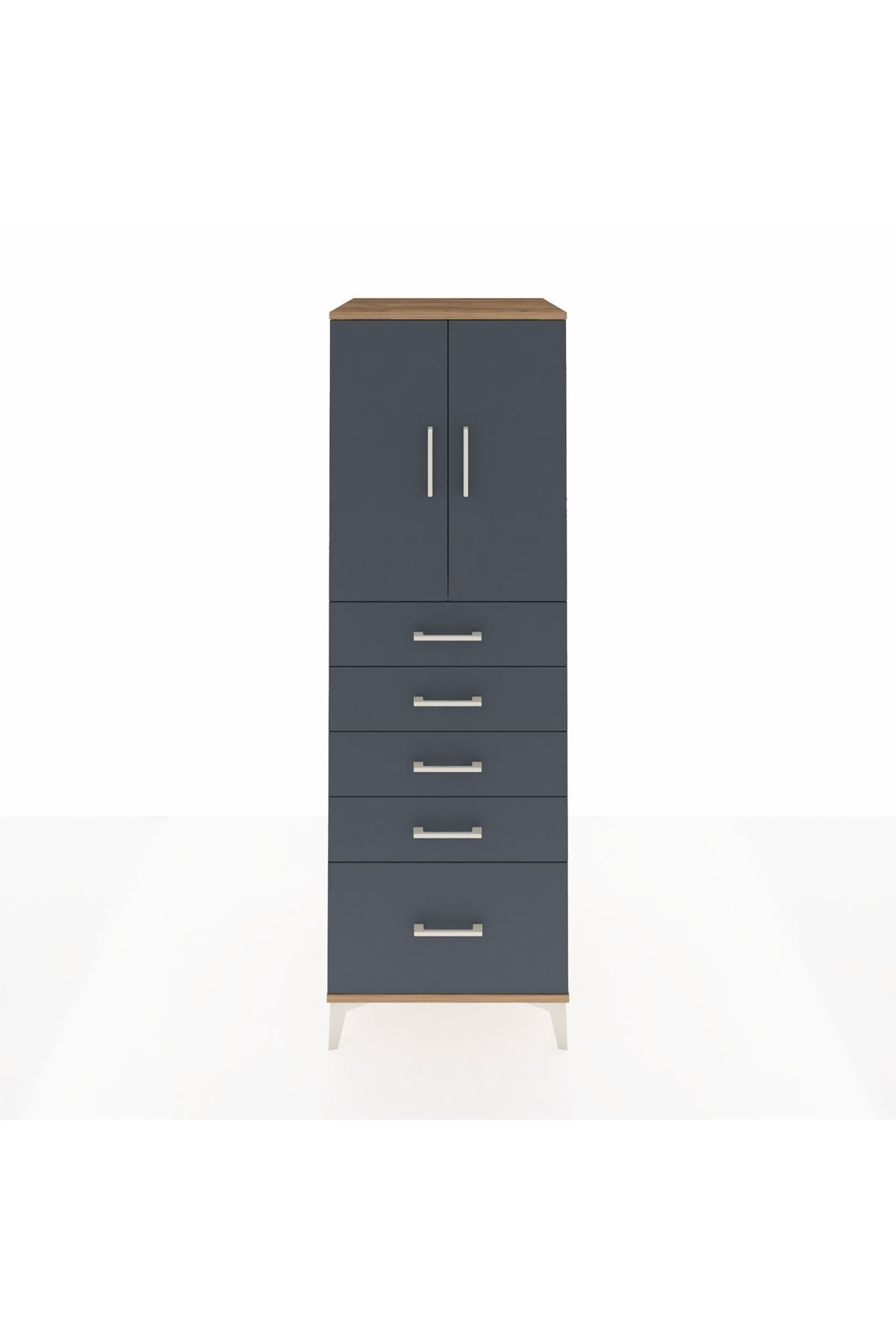 Kronos Dolap Tek Raflı 5 Çekmeceli 2 Kapaklı 60x59x182 Çam-Antrasit