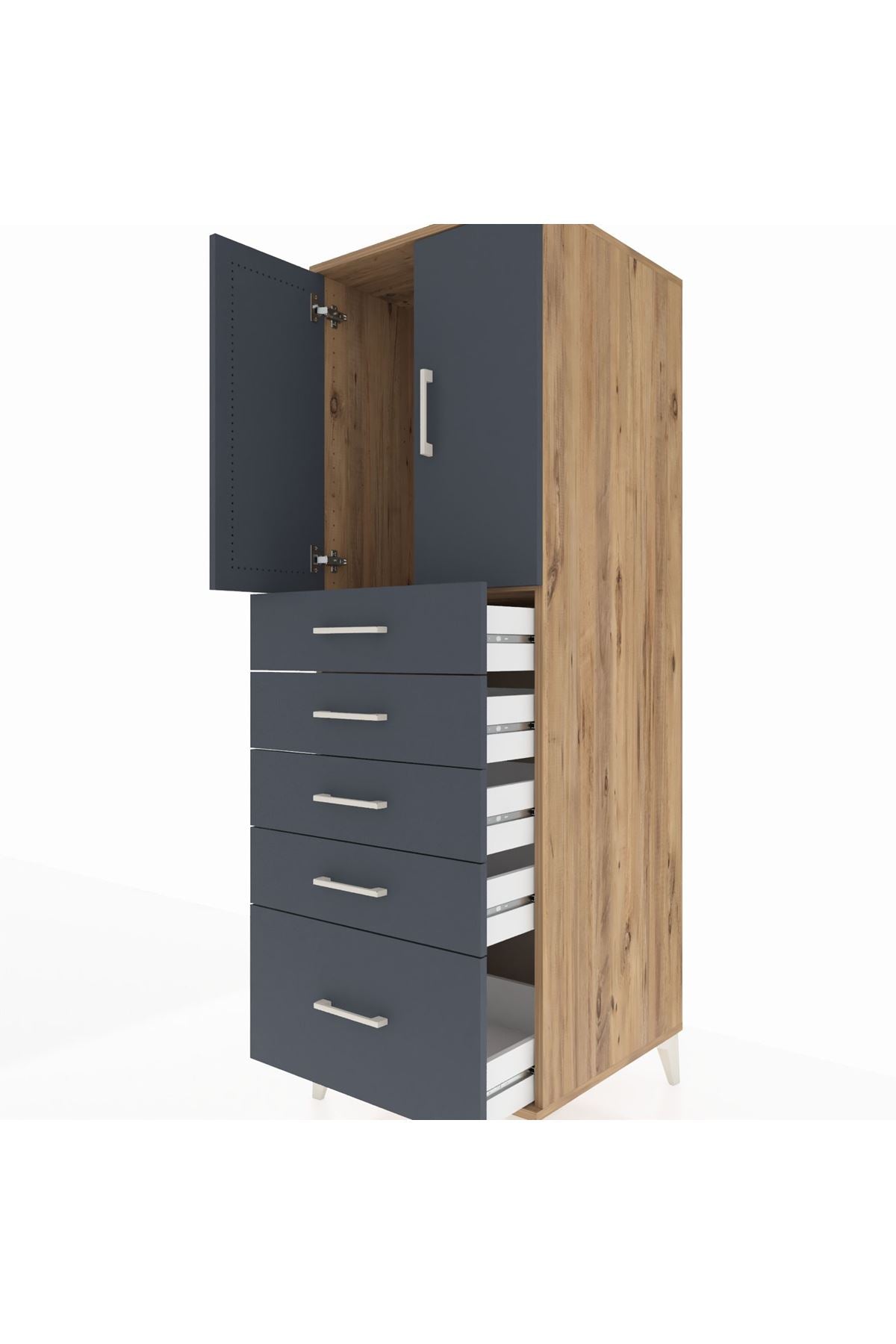 Kronos Dolap Tek Raflı 5 Çekmeceli 2 Kapaklı 60x59x182 Çam-Antrasit