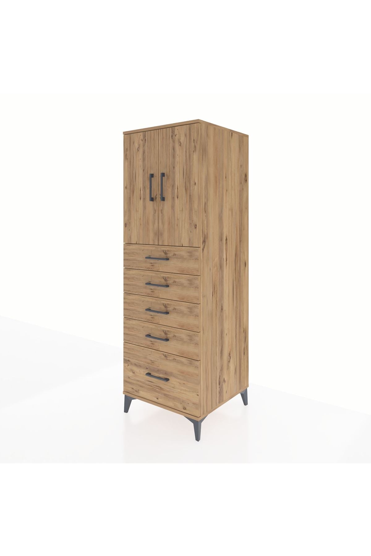 Kronos Dolap Tek Raflı 5 Çekmeceli 2 Kapaklı 60x59x182 Çam-Çam