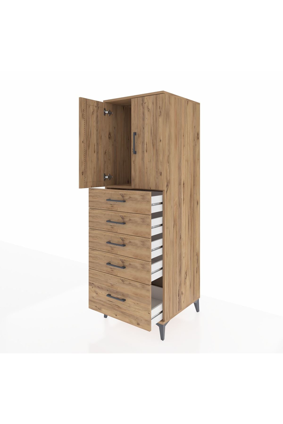 Kronos Dolap Tek Raflı 5 Çekmeceli 2 Kapaklı 60x59x182 Çam-Çam