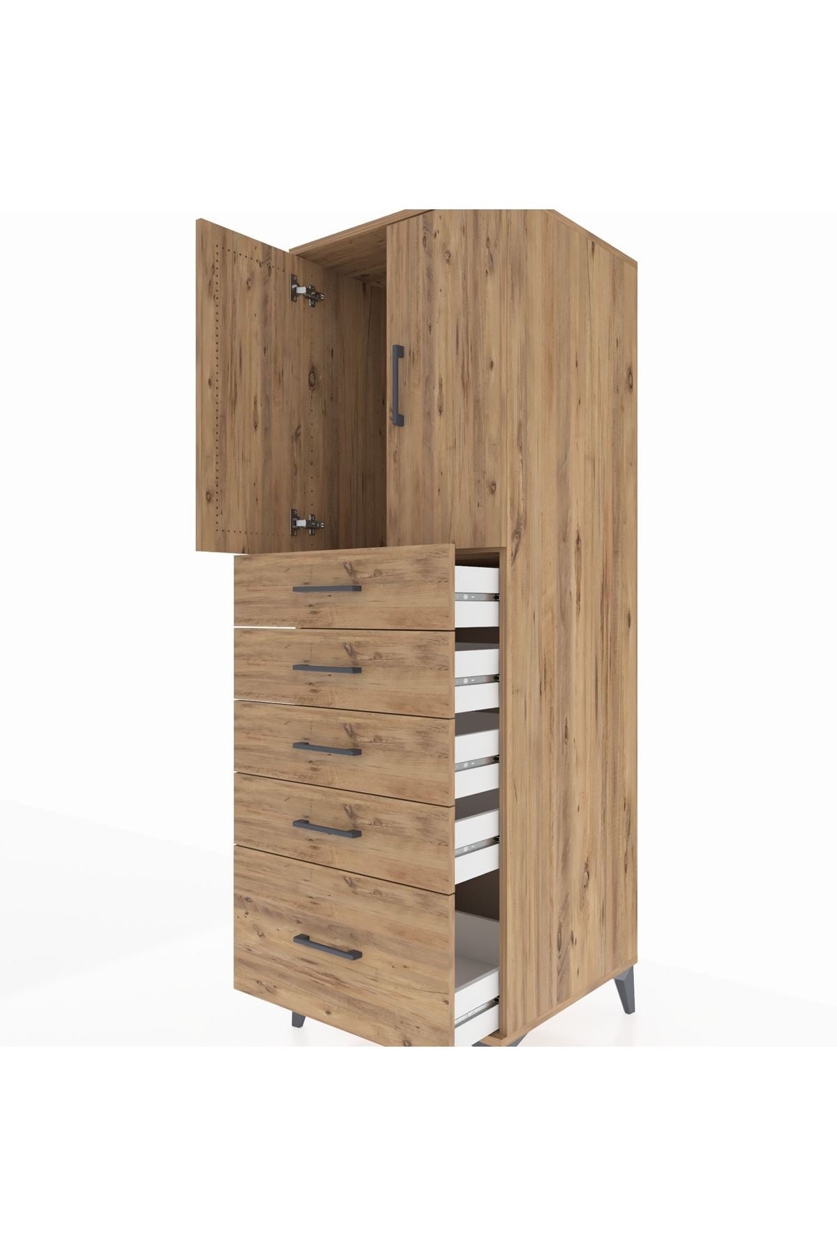 Kronos Dolap Tek Raflı 5 Çekmeceli 2 Kapaklı 60x59x182 Çam-Çam