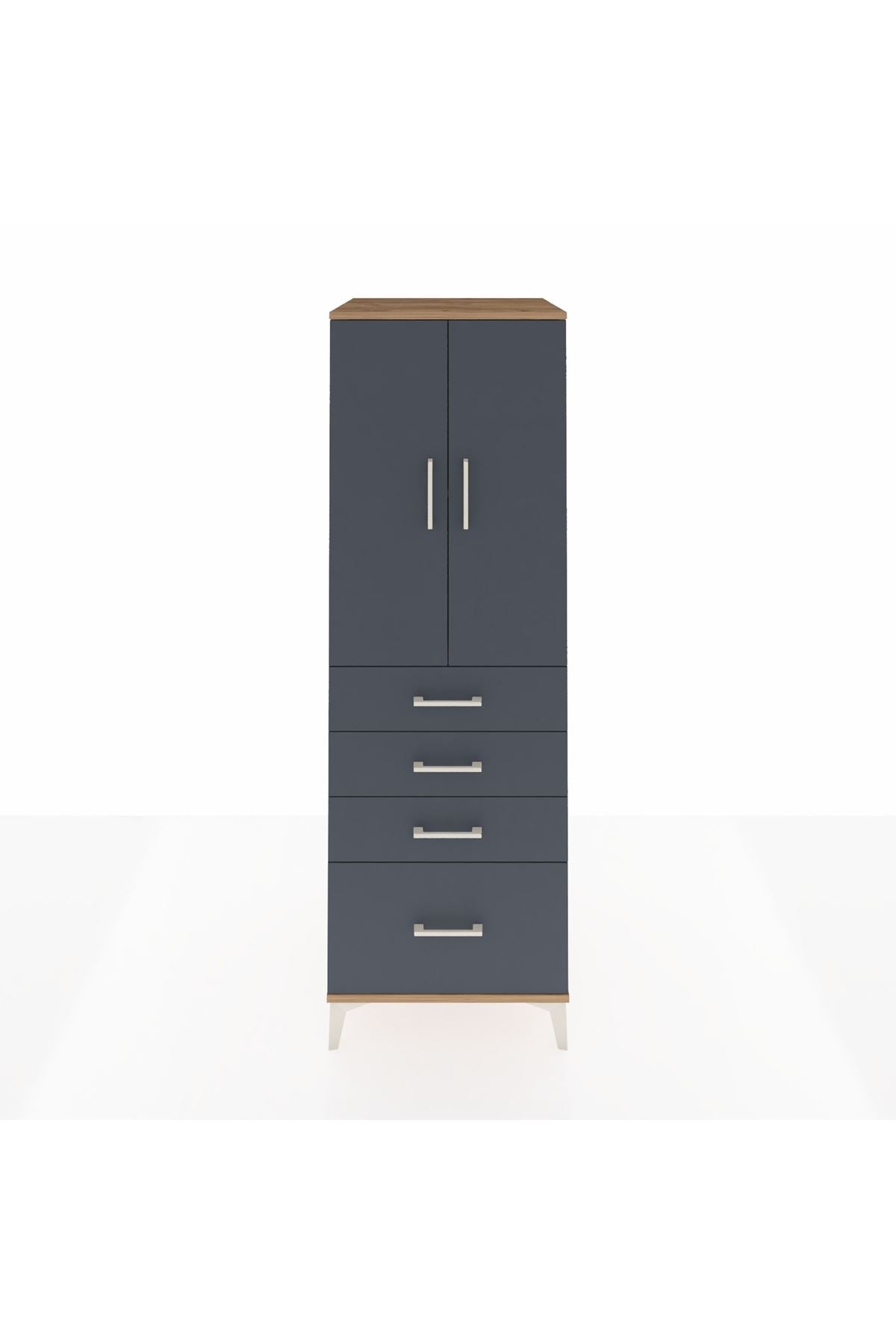 Kronos Dolap 2 Raflı 4 Çekmeceli 2 Kapaklı 60x59x182 Çam-Antrasit