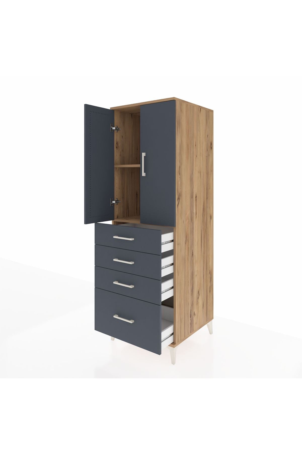 Kronos Dolap 2 Raflı 4 Çekmeceli 2 Kapaklı 60x59x182 Çam-Antrasit