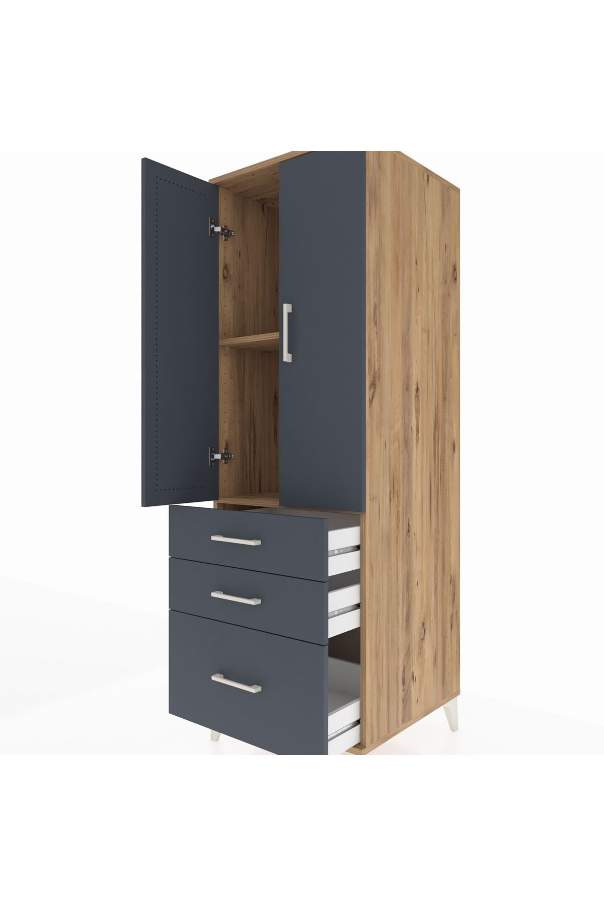 Kronos Dolap 2 Raflı 3 Çekmeceli 2 Kapaklı 60x59x182 Çam-Antrasit