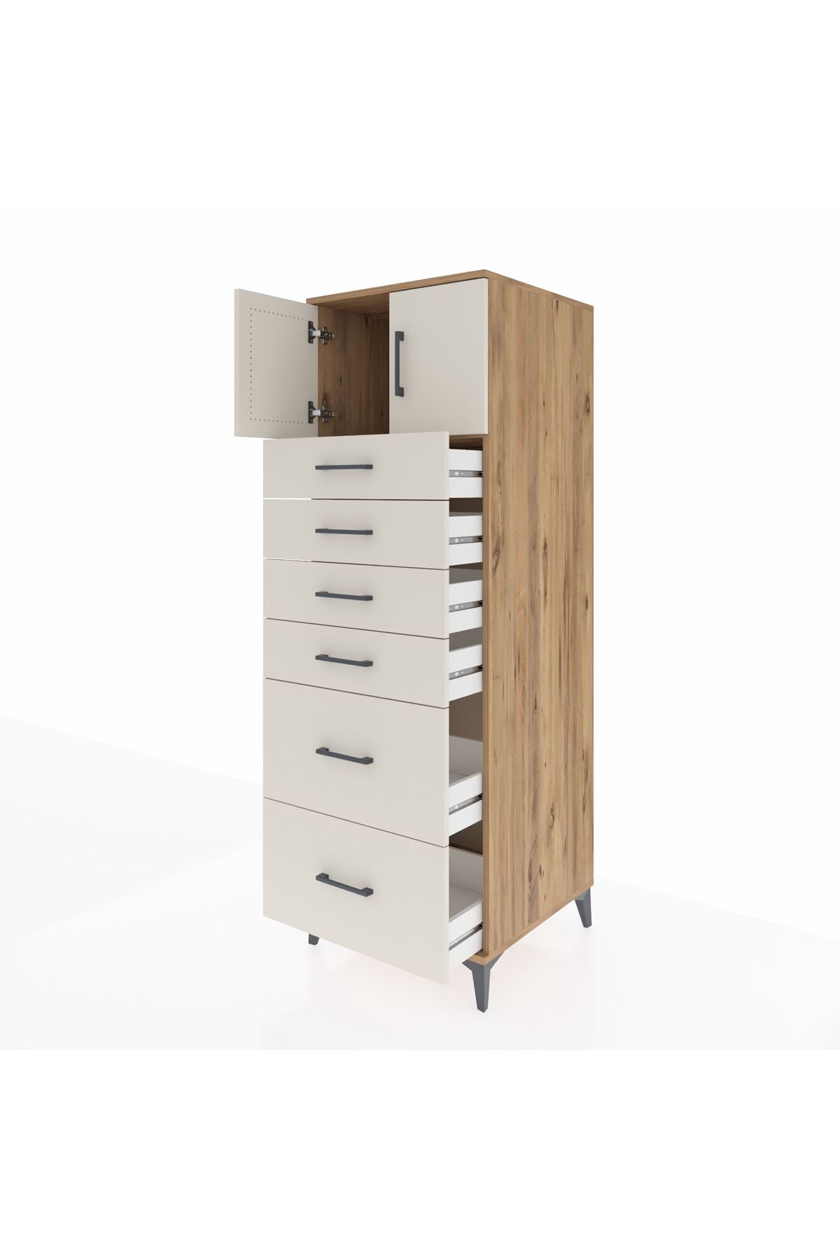 Kronos Dolap Tek Raflı 6 Çekmeceli 2 Kapaklı 60x59x182 Çam-Aytaşı