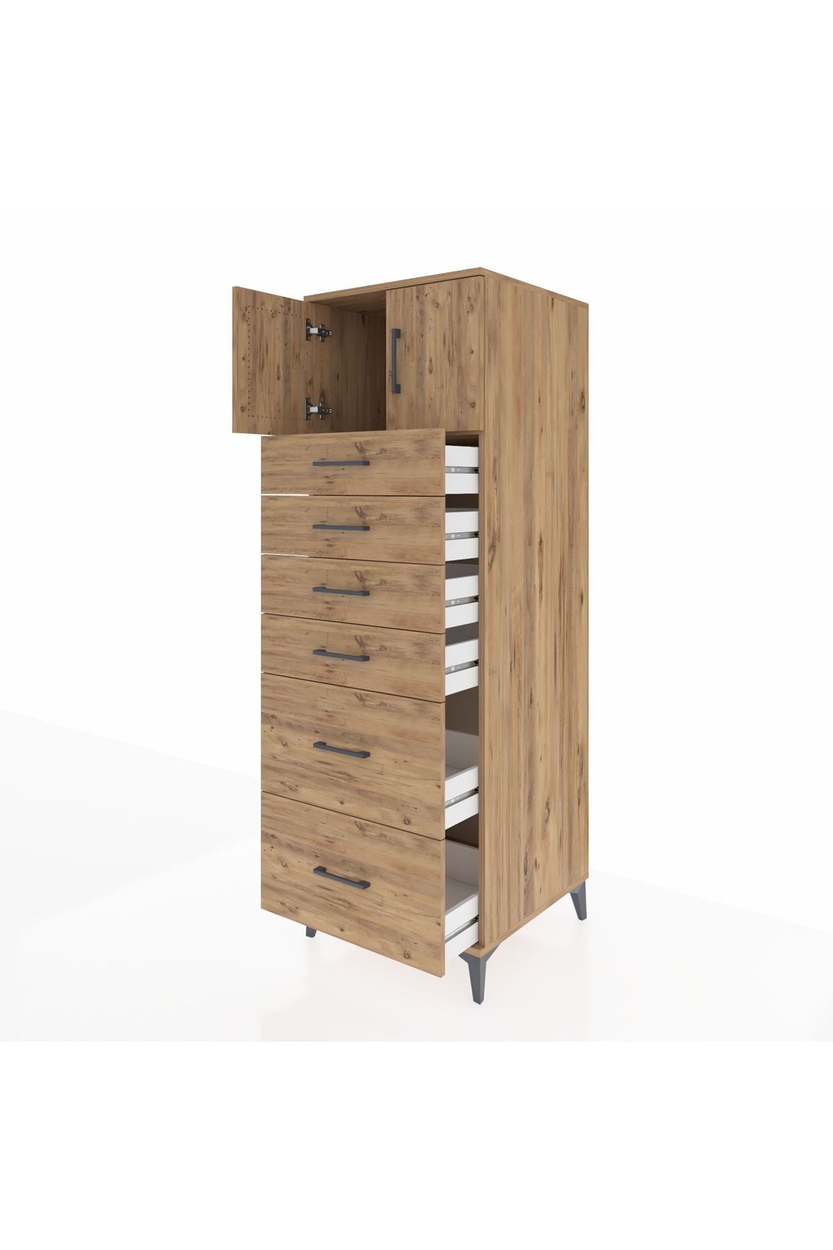 Kronos Dolap Tek Raflı 6 Çekmeceli 2 Kapaklı 60x59x182 Çam-Çam