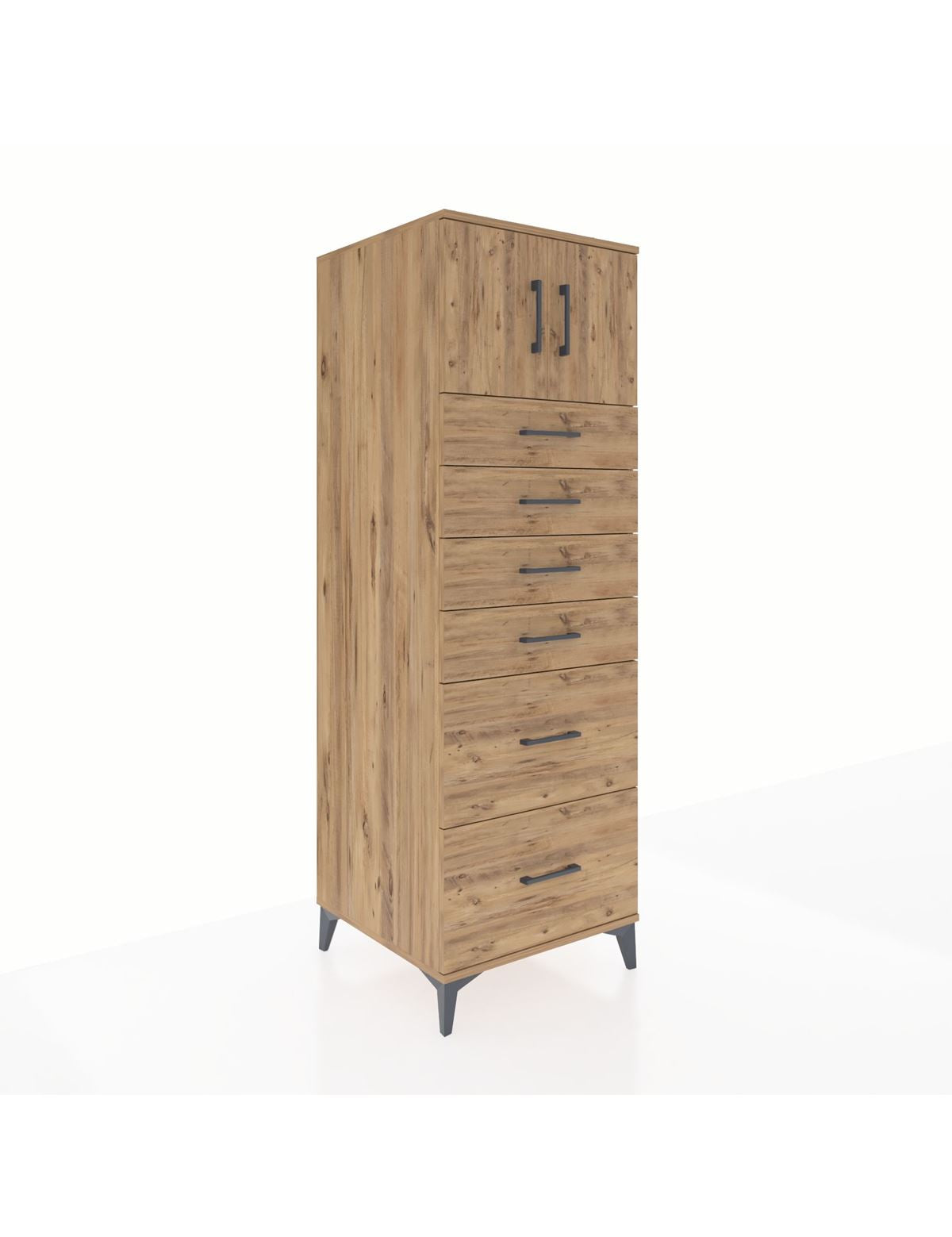 Kronos Dolap Tek Raflı 6 Çekmeceli 2 Kapaklı 60x59x182 Çam-Çam