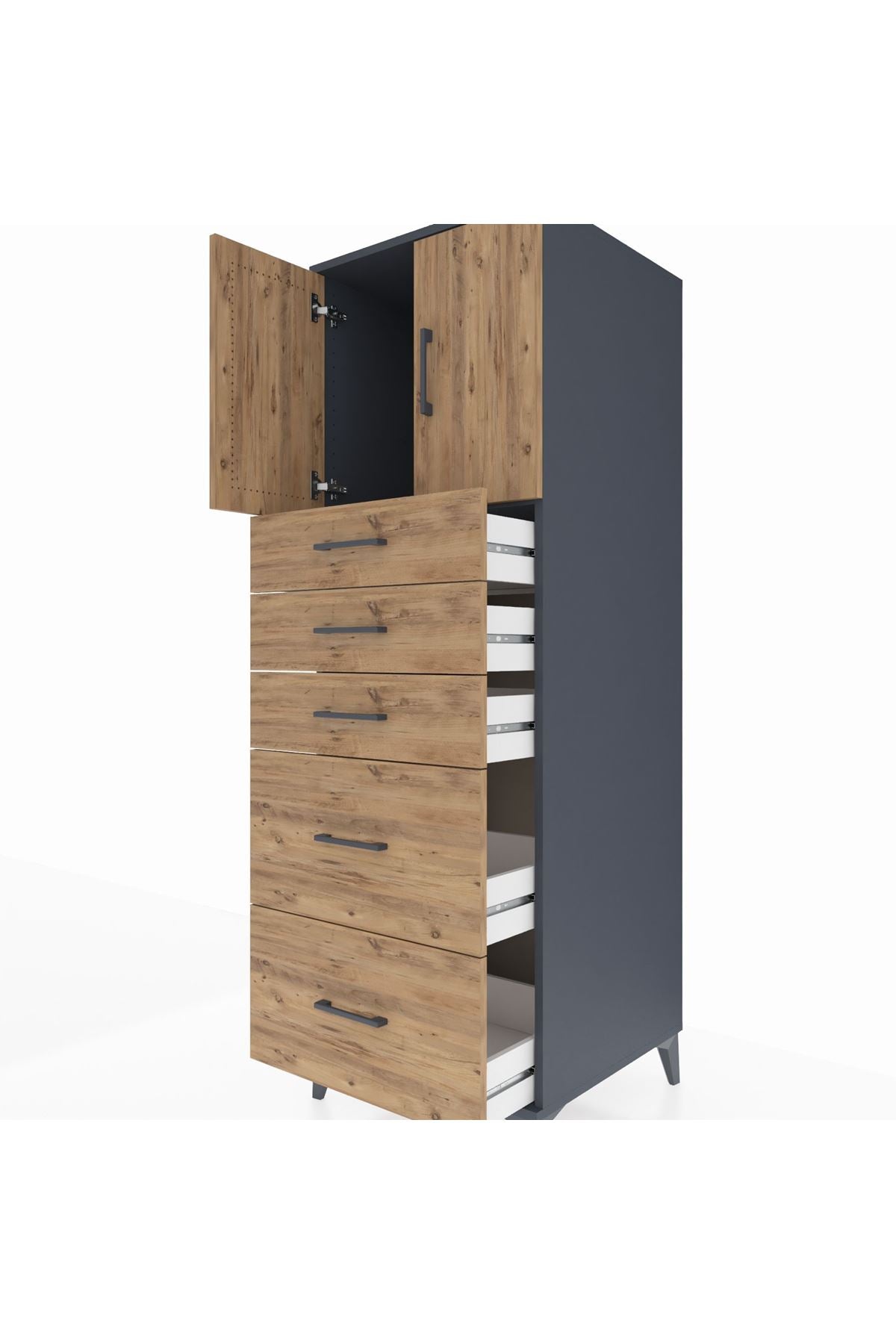 Kronos Dolap Tek Raflı 5 Çekmeceli 2 Kapaklı 60x59x182 Antrasit-Çam