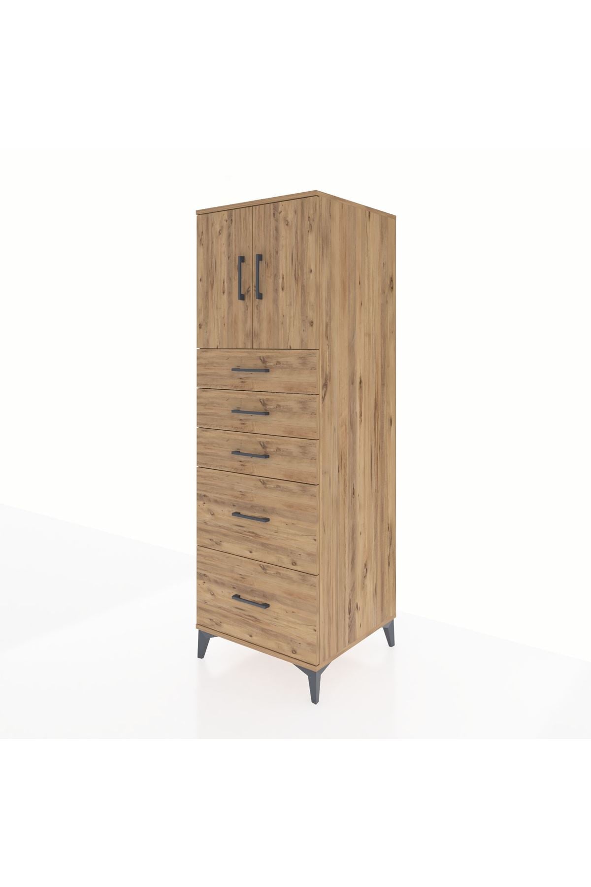 Kronos Dolap Tek Raflı 5 Çekmeceli 2 Kapaklı 60x59x182 Çam-Çam