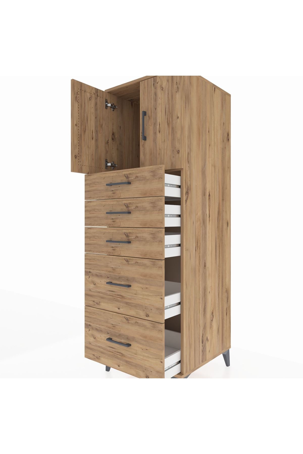 Kronos Dolap Tek Raflı 5 Çekmeceli 2 Kapaklı 60x59x182 Çam-Çam