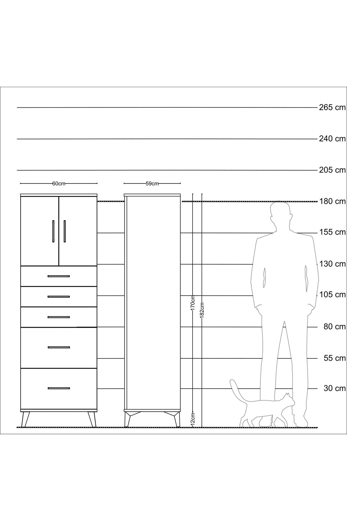 Kronos Dolap Tek Raflı 5 Çekmeceli 2 Kapaklı 60x59x182 Çam-Çam