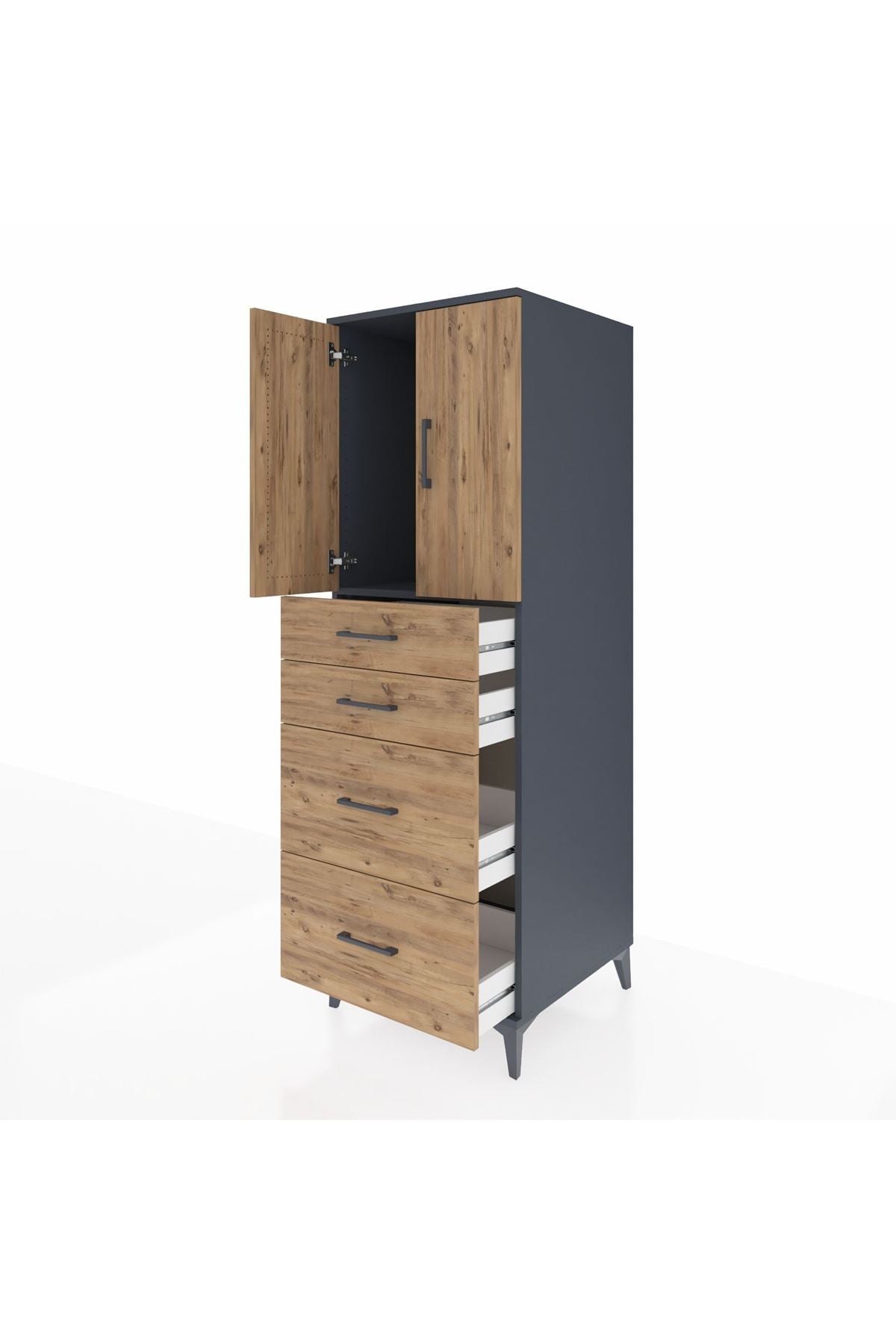 Kronos Dolap Tek Raflı 4 Çekmeceli 2 Kapaklı 60x59x182 Antrasit-Çam