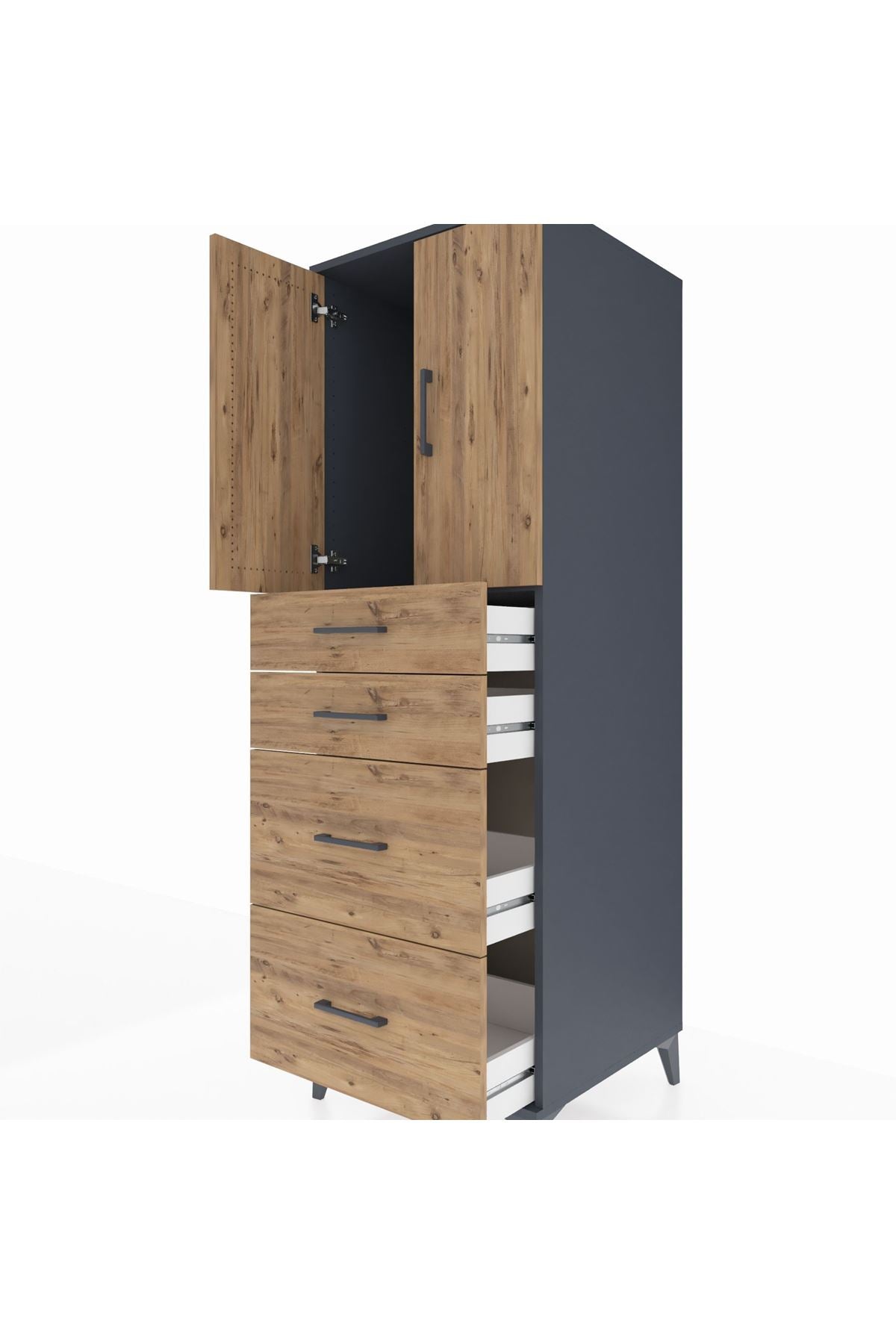 Kronos Dolap Tek Raflı 4 Çekmeceli 2 Kapaklı 60x59x182 Antrasit-Çam