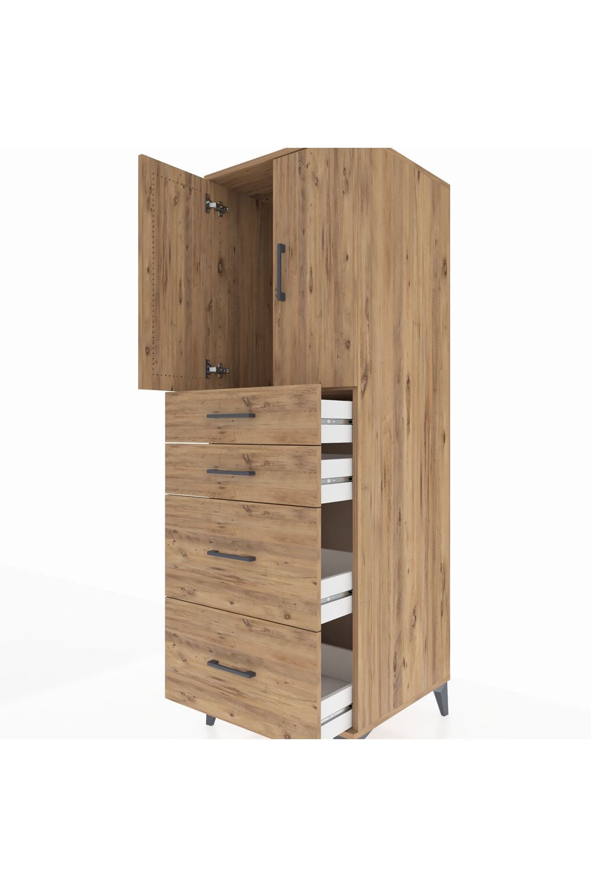 Kronos Dolap Tek Raflı 4 Çekmeceli 2 Kapaklı 60x59x182 Çam-Çam