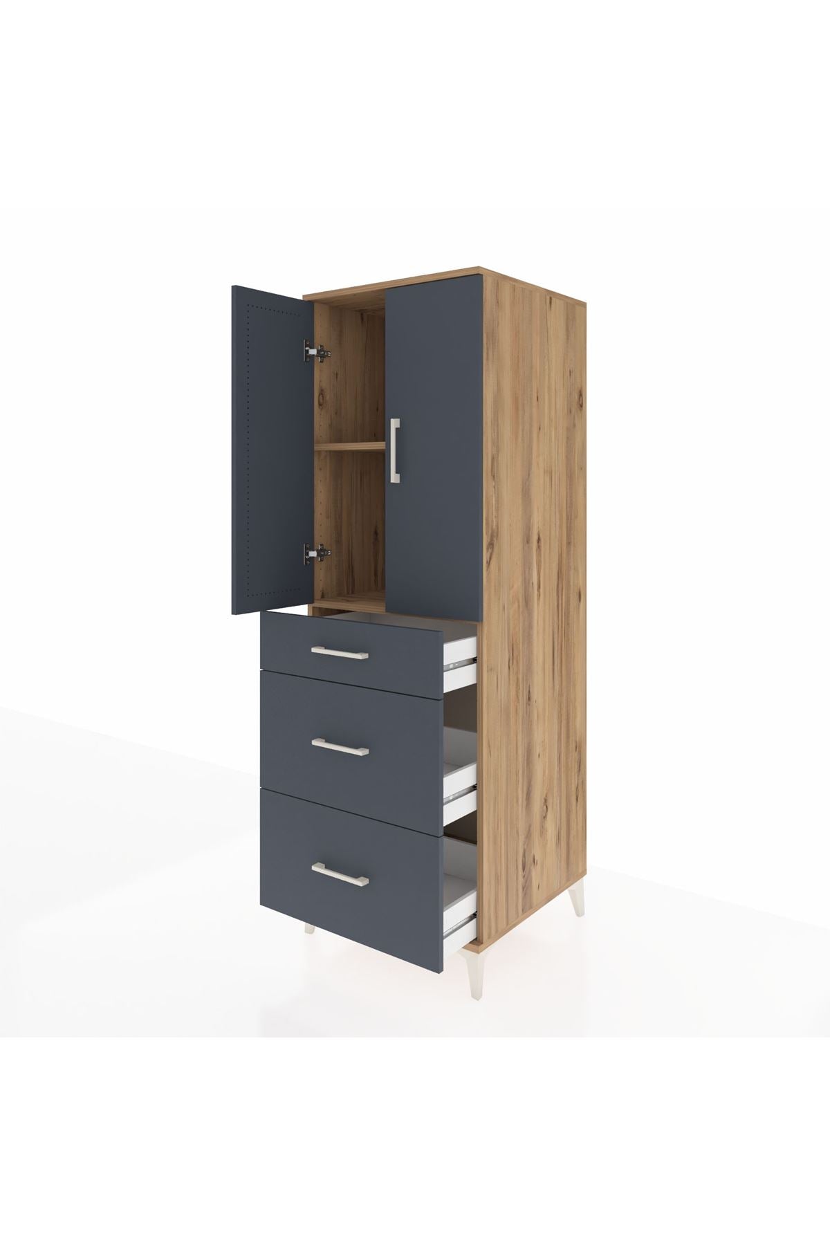 Kronos Dolap 2 Raflı 3 Çekmeceli 2 Kapaklı 60x59x182 Çam-Antrasit