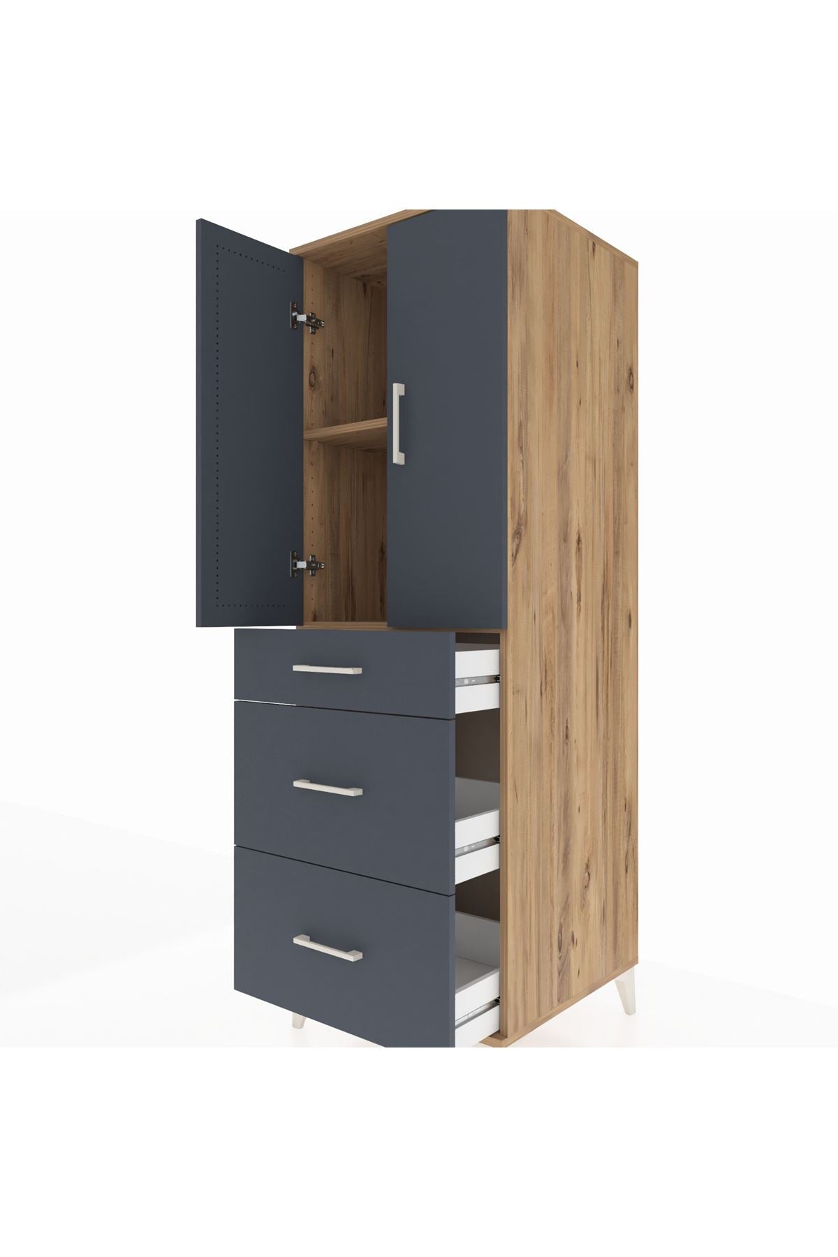 Kronos Dolap 2 Raflı 3 Çekmeceli 2 Kapaklı 60x59x182 Çam-Antrasit