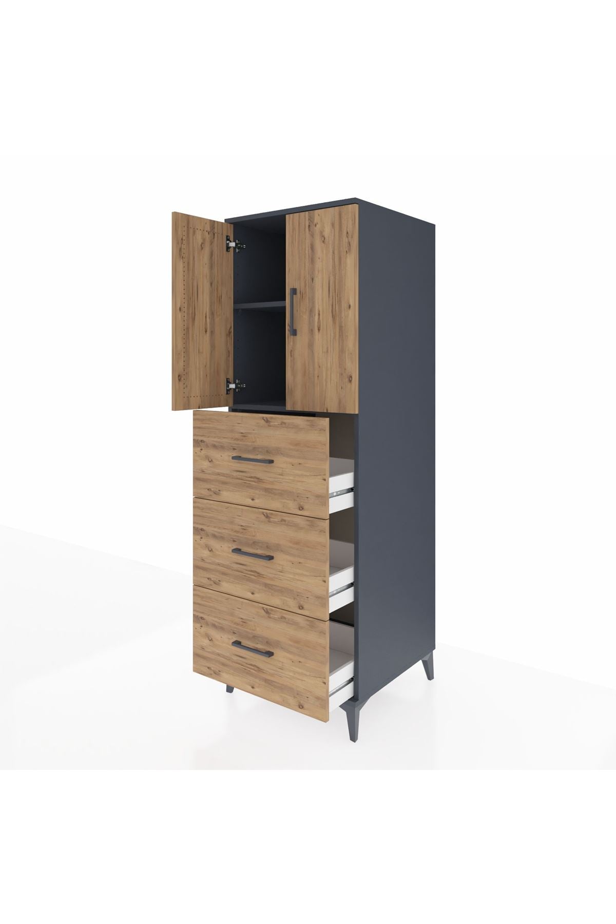 Kronos Dolap 2 Raflı 3 Çekmeceli 2 Kapaklı 60x59x182 Antrasit-Çam