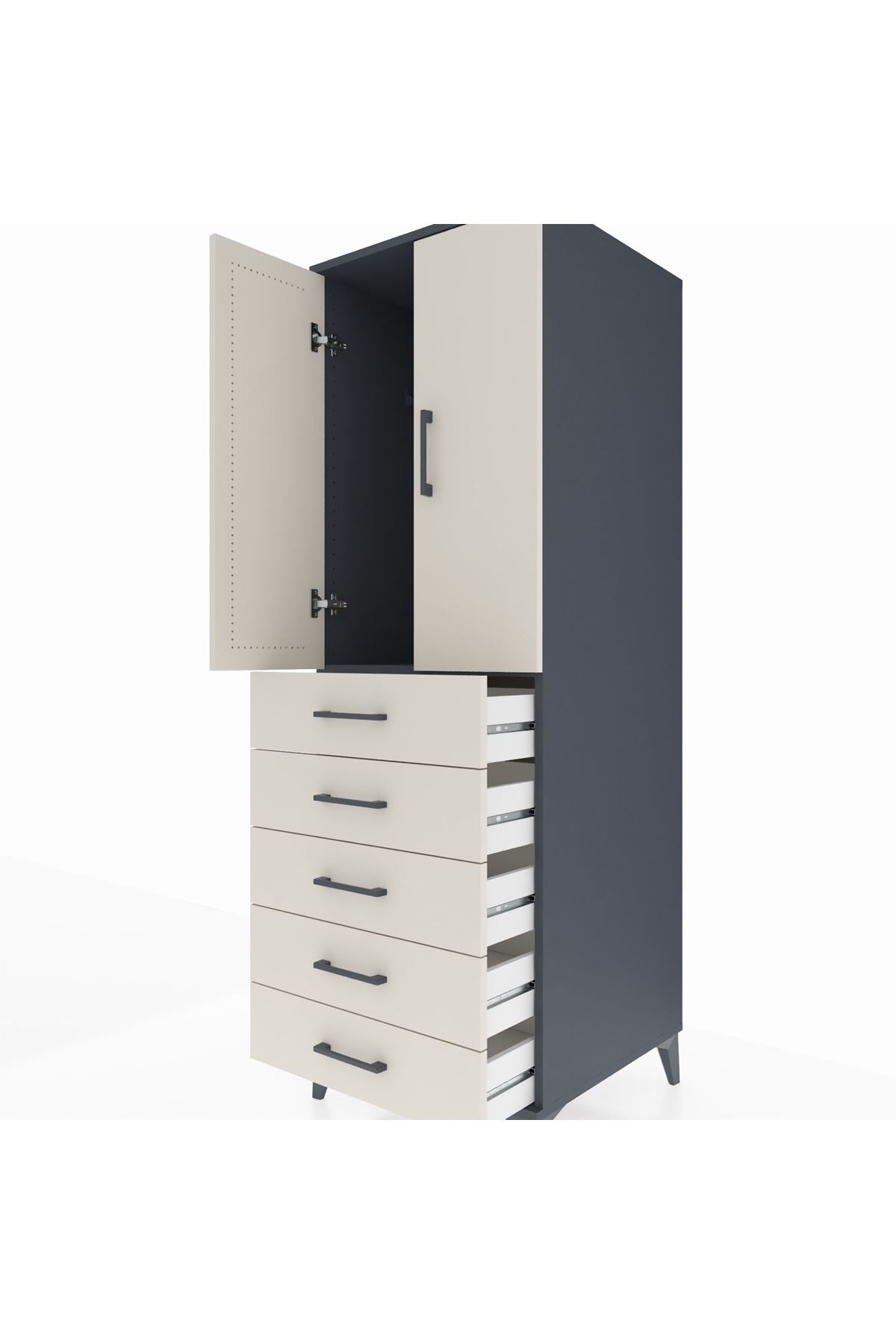 Kronos Dolap Tek Raflı 5 Çekmeceli Tek Askılı 60x59x182 Antrasit-Aytaşı