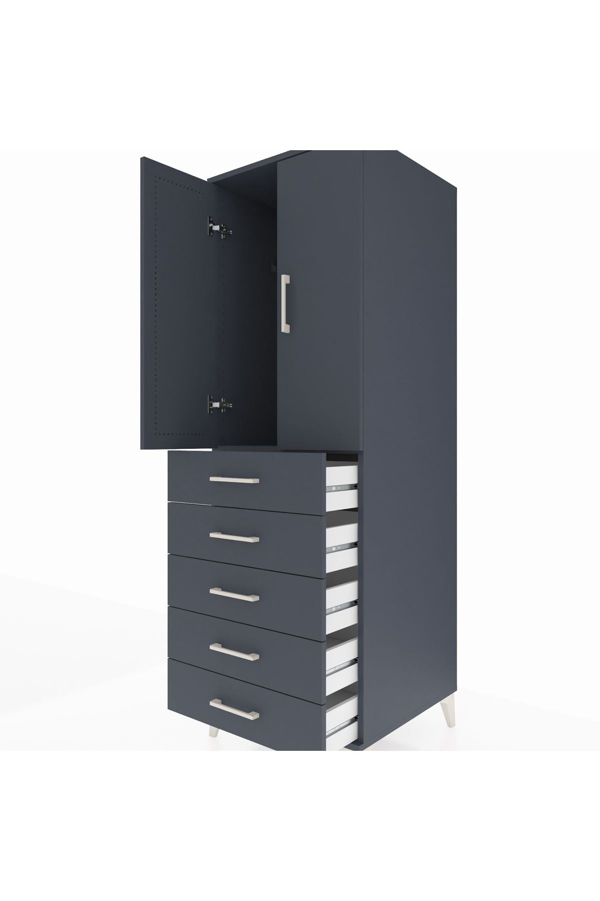 Kronos Dolap Tek Raflı 5 Çekmeceli Tek Askılı 60x59x182 Antrasit-Antrasit
