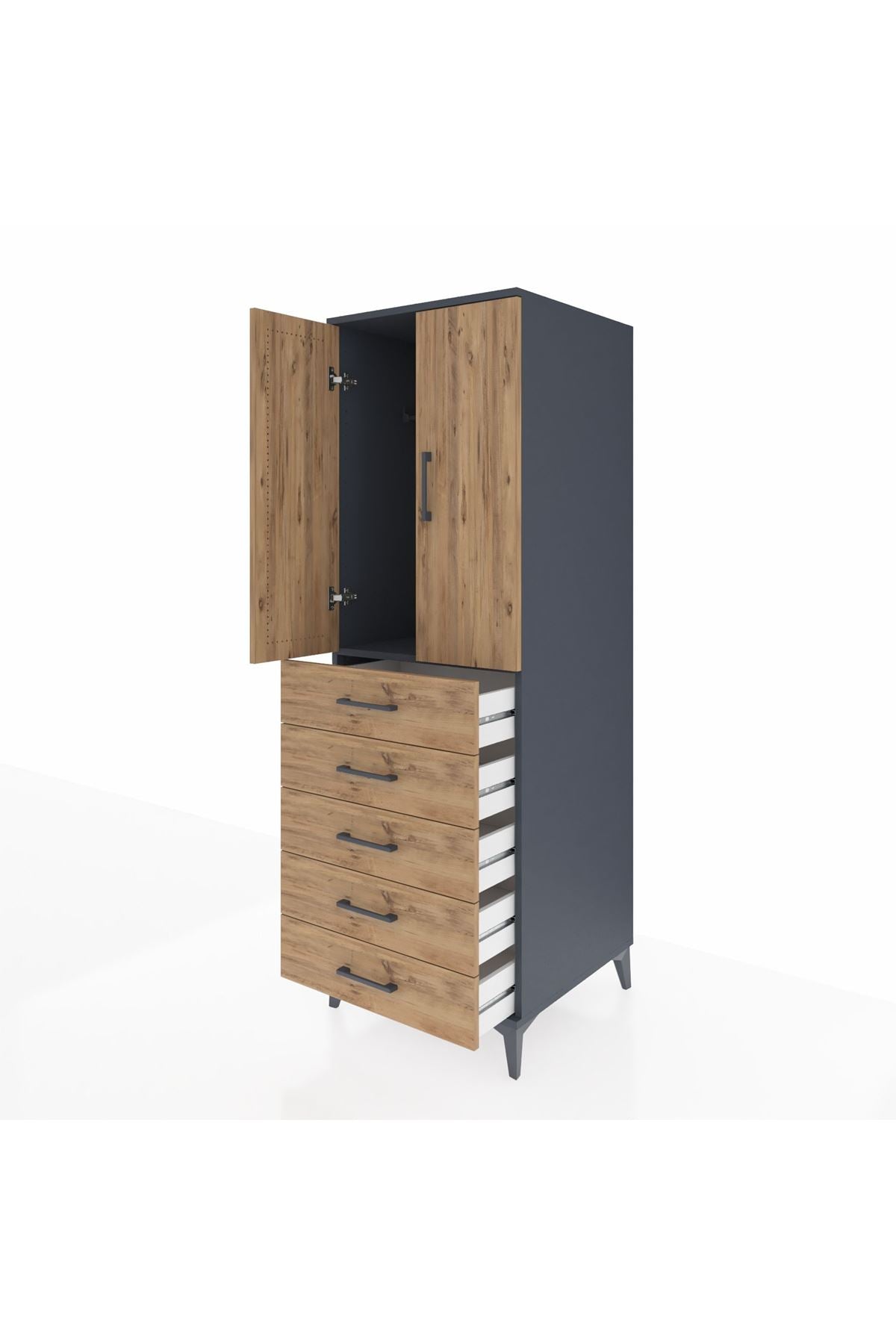 Kronos Dolap Tek Raflı 5 Çekmeceli Tek Askılı 60x59x182 Antrasit-Çam