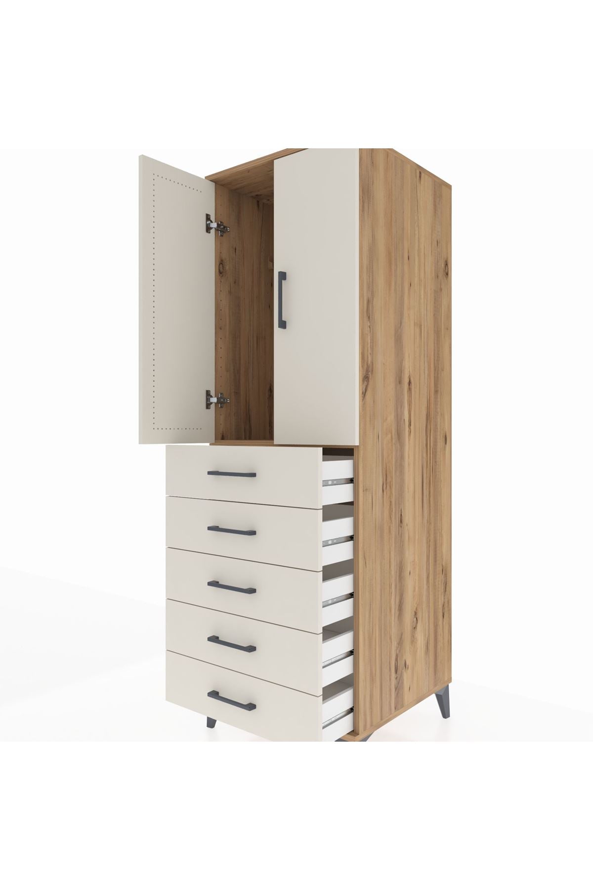 Kronos Dolap Tek Raflı 5 Çekmeceli Tek Askılı 60x59x182 Çam-Aytaşı