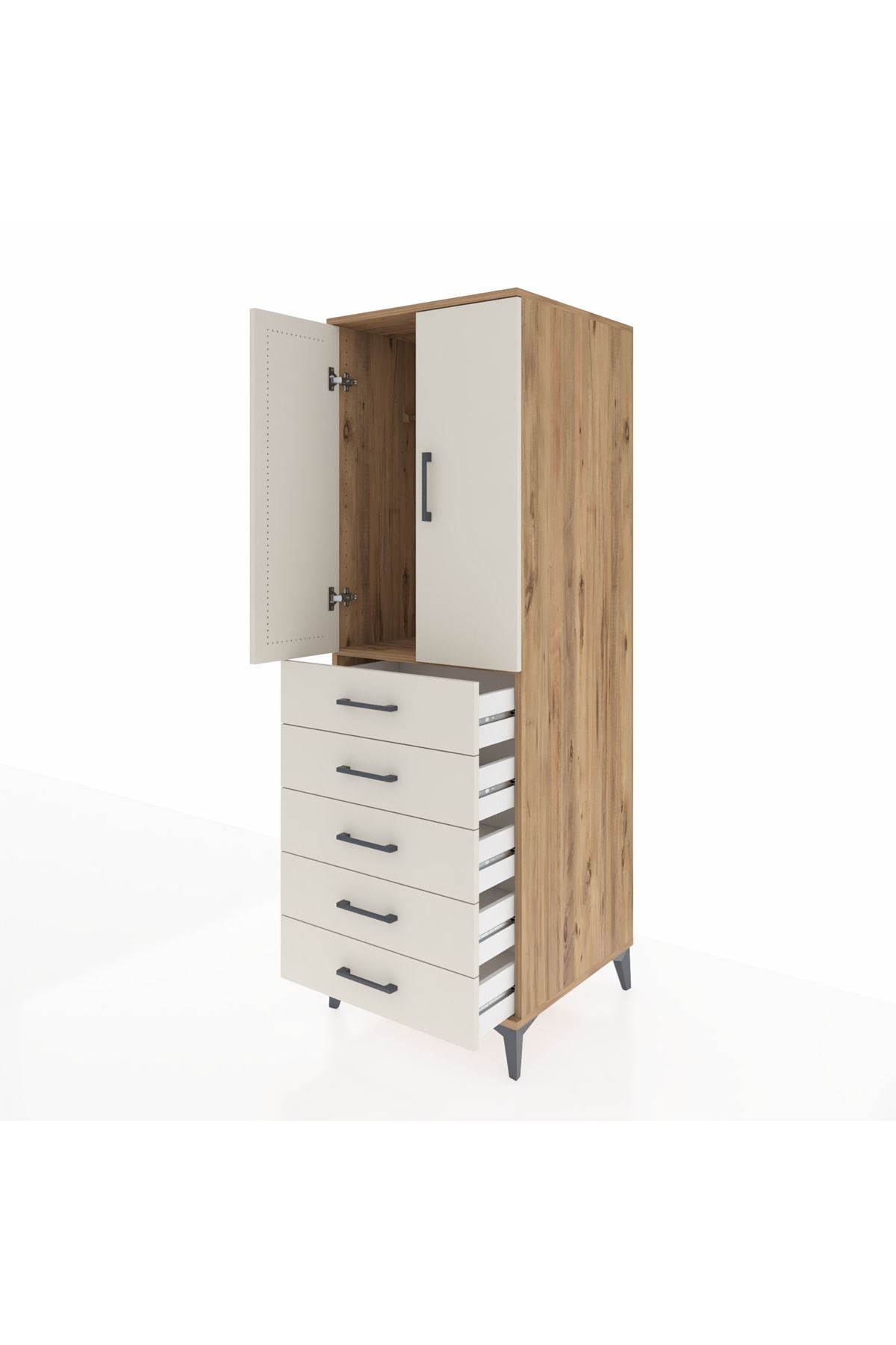 Kronos Dolap Tek Raflı 5 Çekmeceli Tek Askılı 60x59x182 Çam-Aytaşı