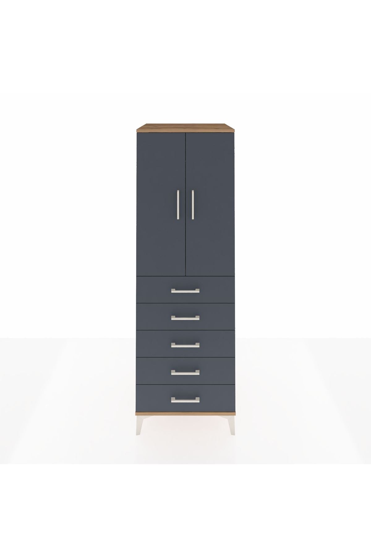 Kronos Dolap Tek Raflı 5 Çekmeceli Tek Askılı 60x59x182 Çam-Antrasit