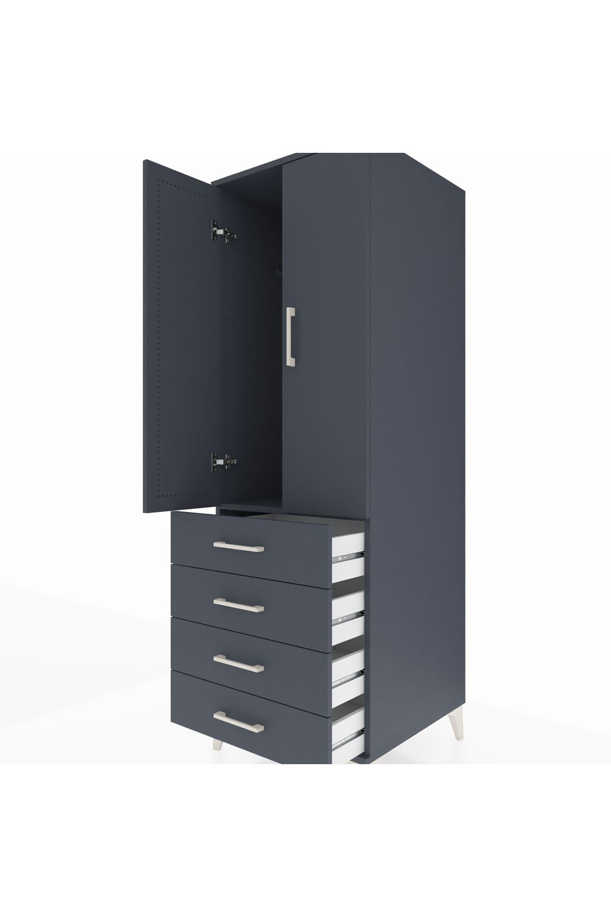 Kronos Dolap Tek Raflı 4 Çekmeceli Tek Askılı 60x59x182 Antrasit-Antrasit