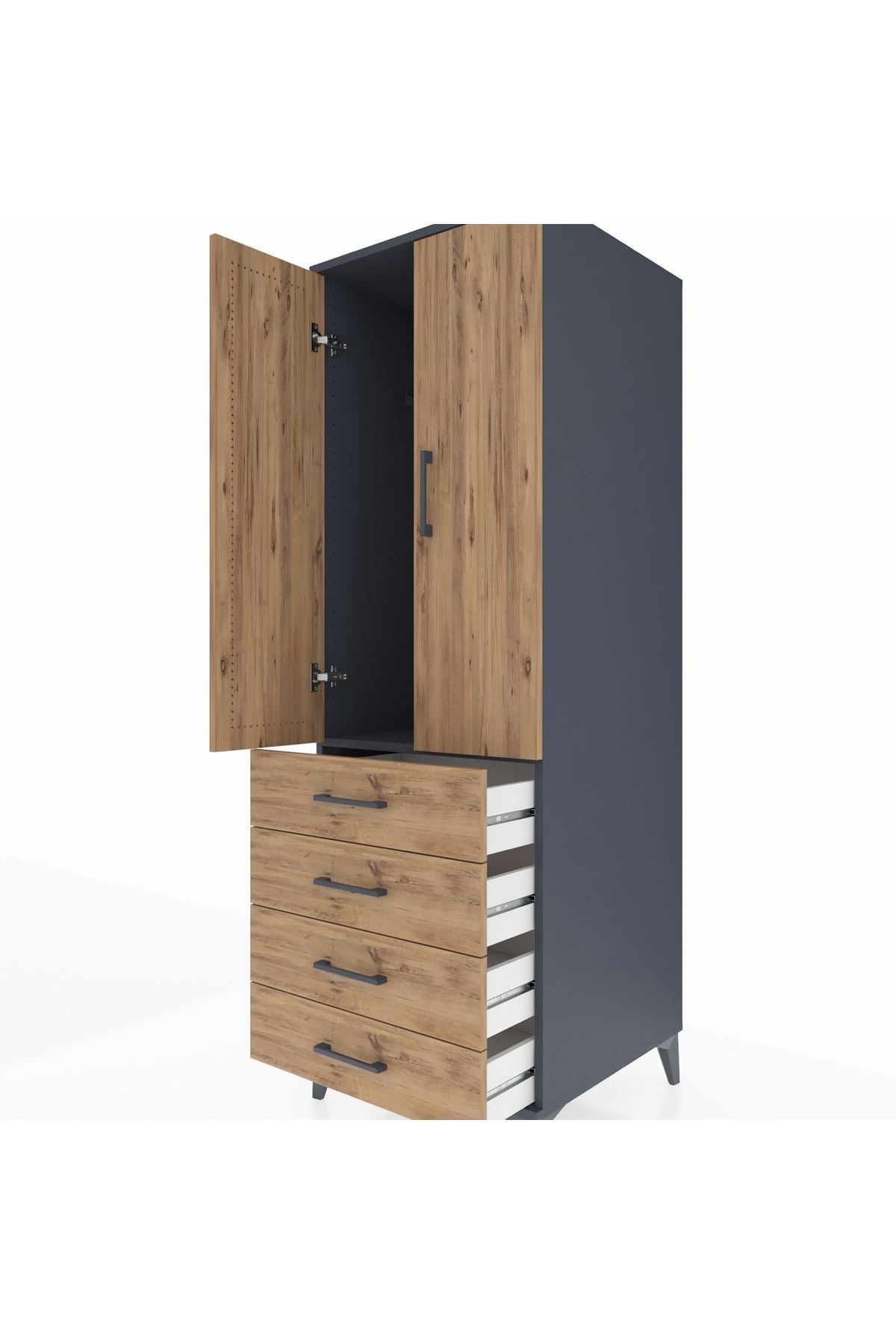 Kronos Dolap Tek Raflı 4 Çekmeceli Tek Askılı 60x59x182 Antrasit-Çam