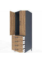 Kronos Dolap Tek Raflı 4 Çekmeceli Tek Askılı 60x59x182 Antrasit-Çam