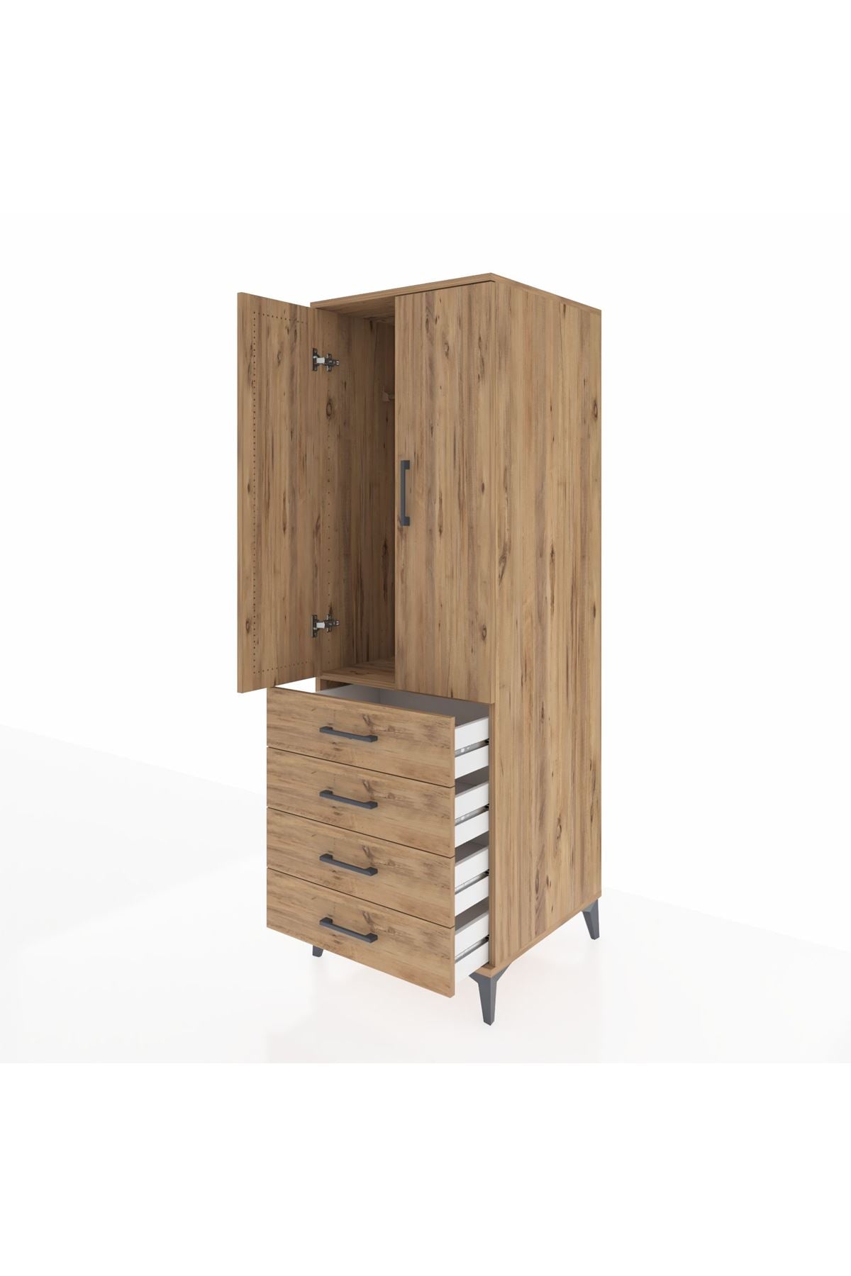 Kronos Dolap Tek Raflı 4 Çekmeceli Tek Askılı 60x59x182 Çam-Çam