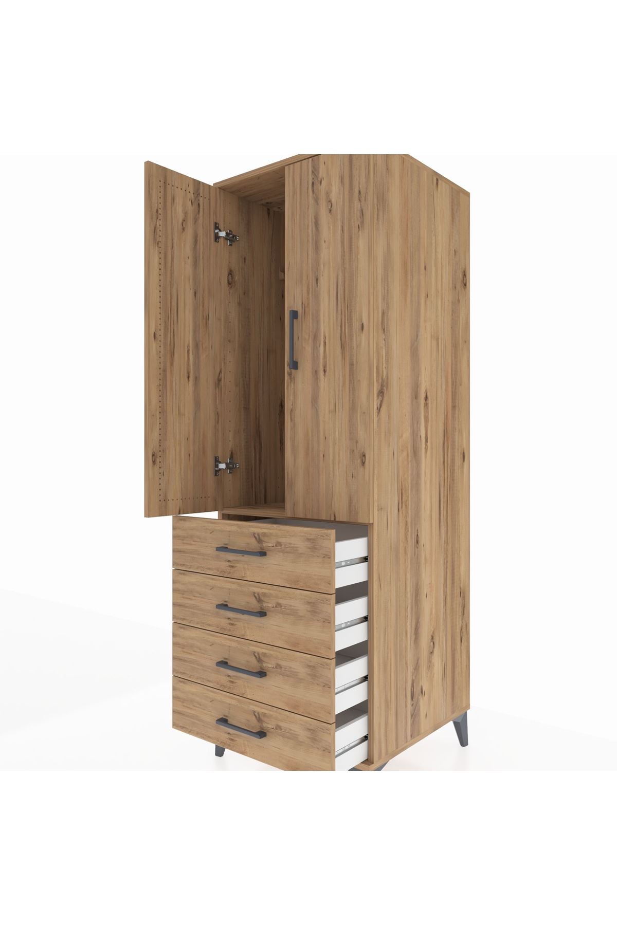 Kronos Dolap Tek Raflı 4 Çekmeceli Tek Askılı 60x59x182 Çam-Çam