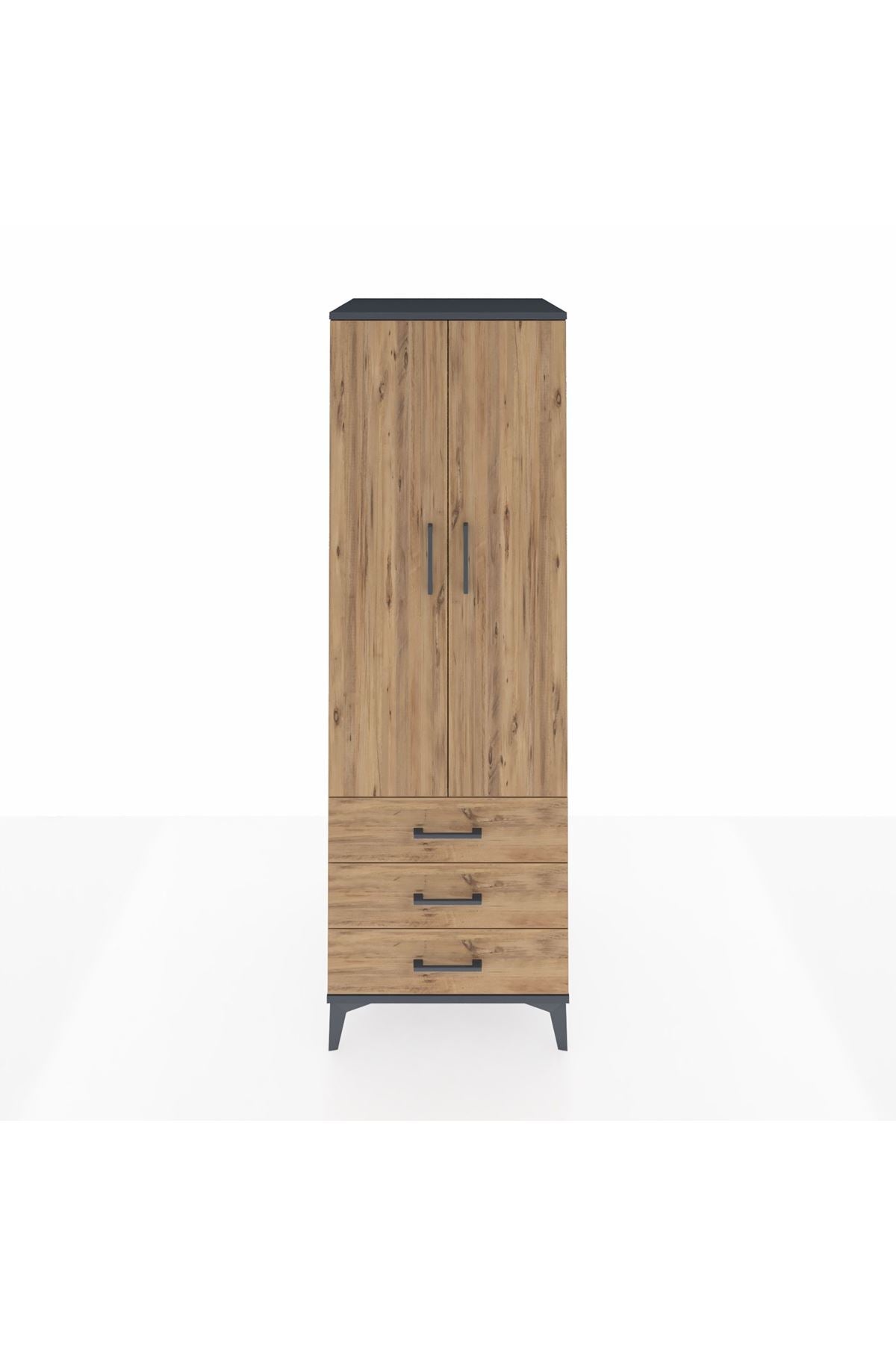 Kronos Dolap Tek Raflı 3 Çekmeceli Tek Askılı 60x59x182 Antrasit-Çam