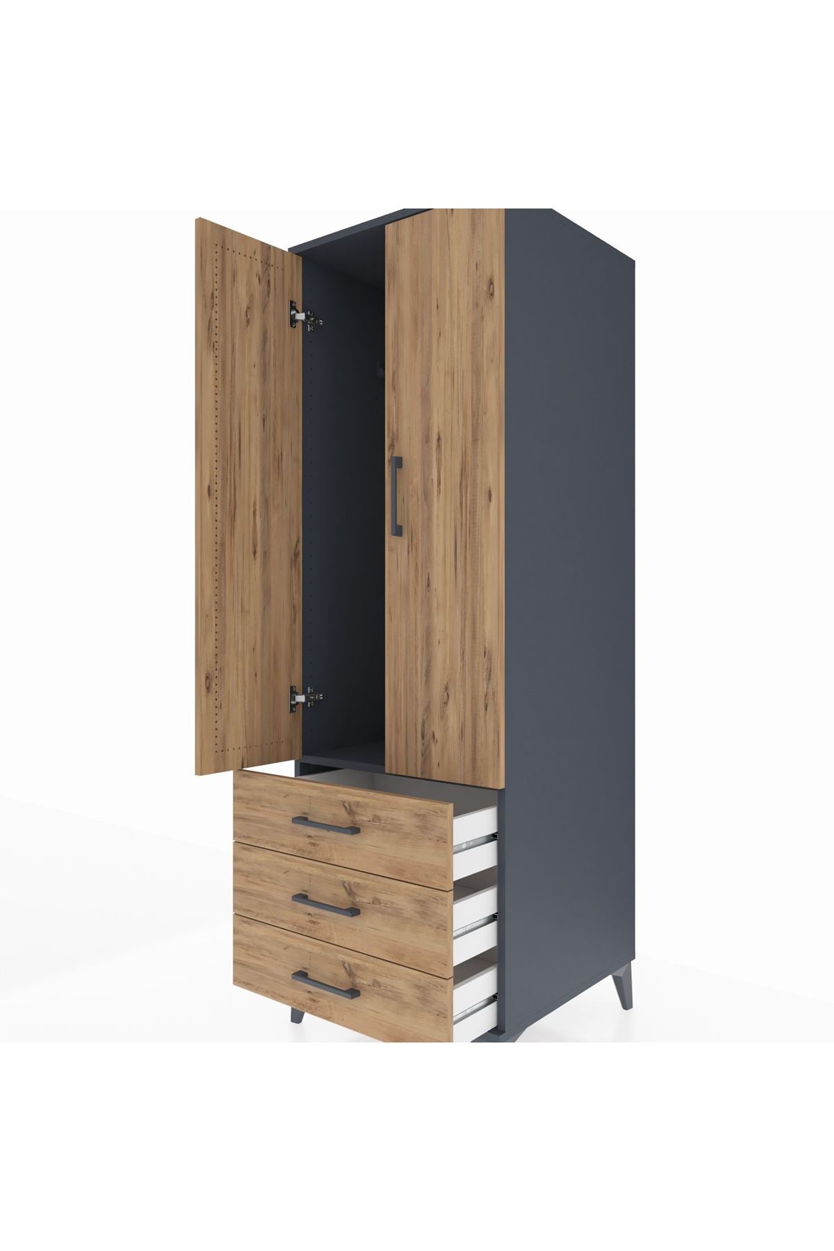 Kronos Dolap Tek Raflı 3 Çekmeceli Tek Askılı 60x59x182 Antrasit-Çam