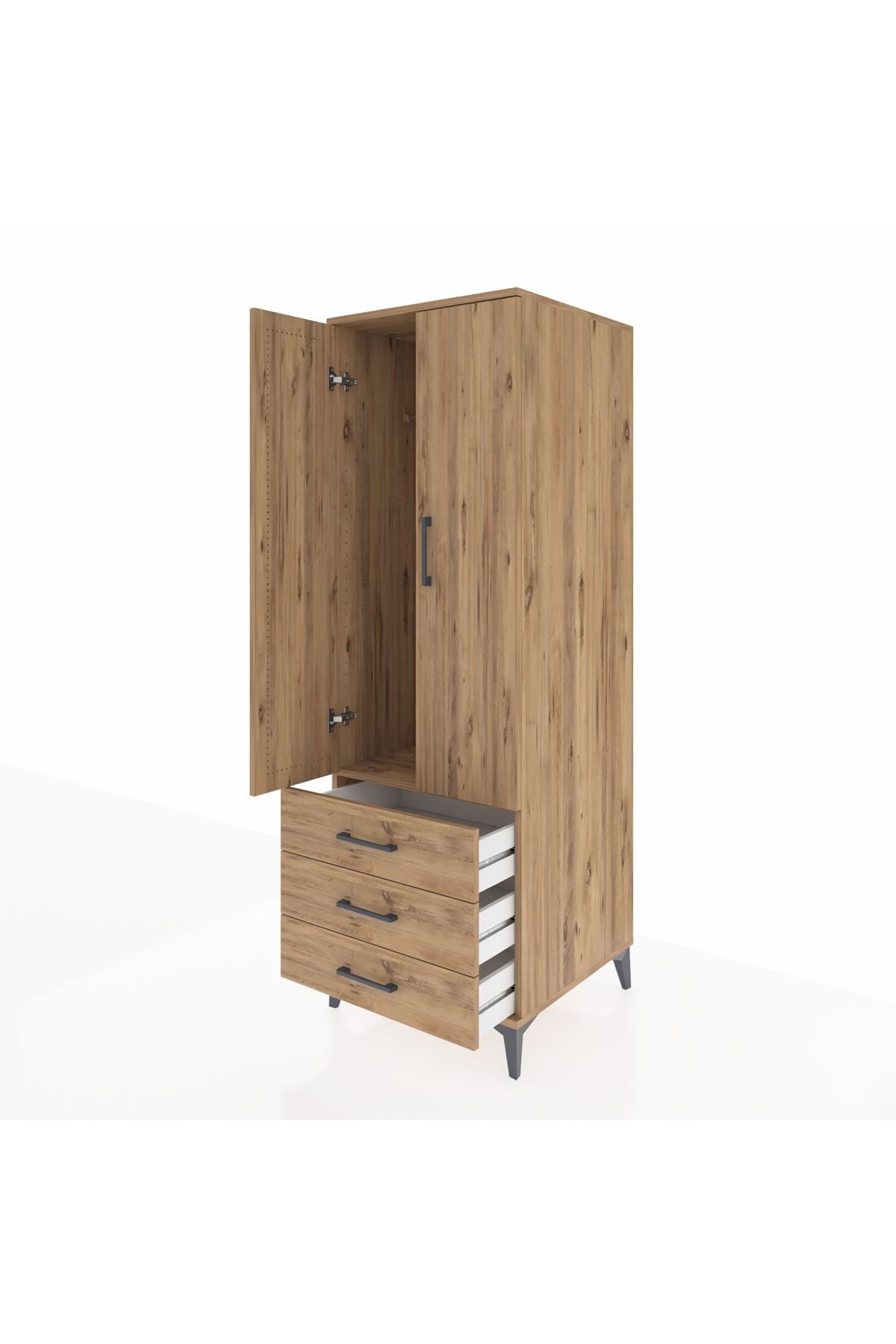 Kronos Dolap Tek Raflı 3 Çekmeceli Tek Askılı 60x59x182 Çam-Çam