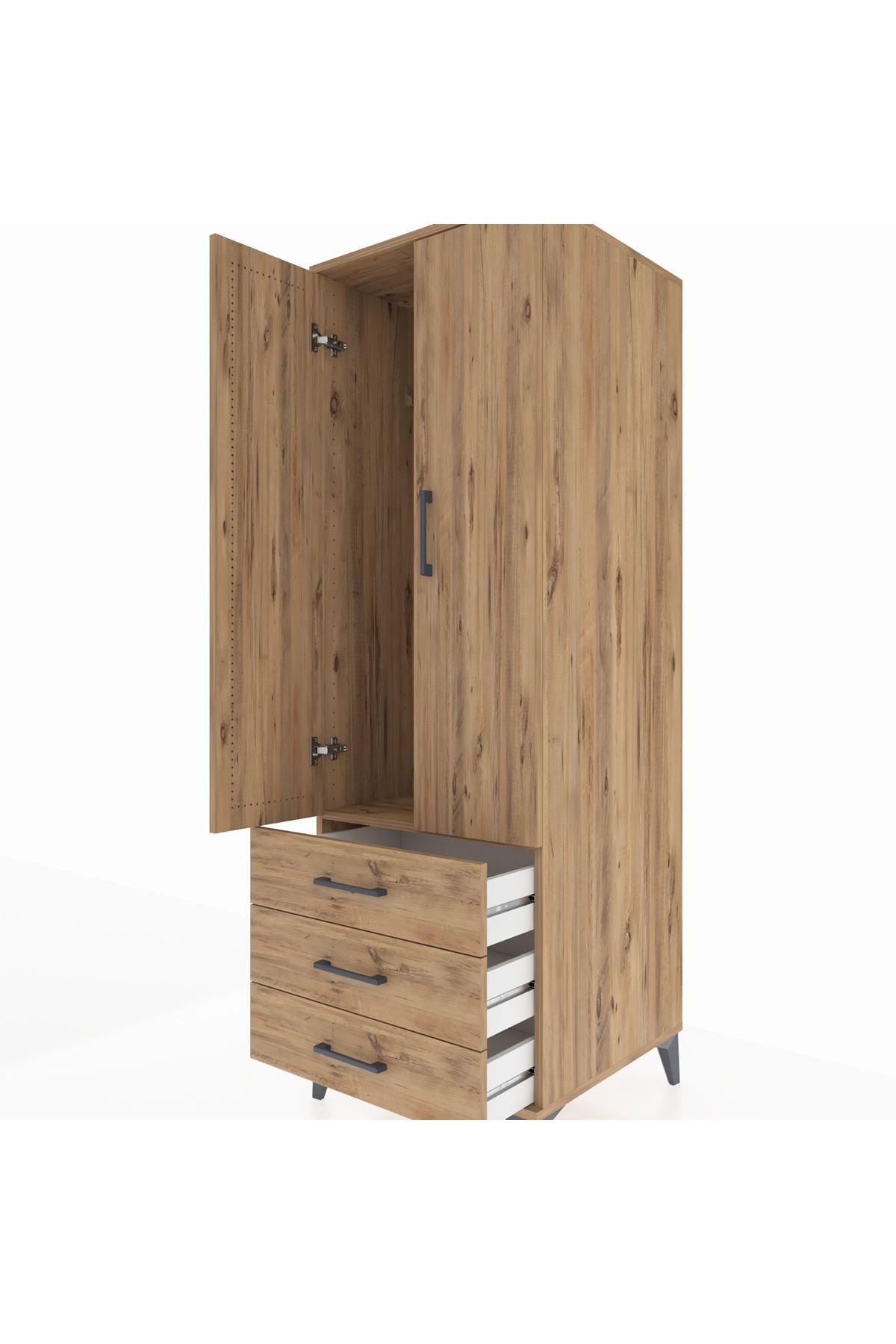 Kronos Dolap Tek Raflı 3 Çekmeceli Tek Askılı 60x59x182 Çam-Çam
