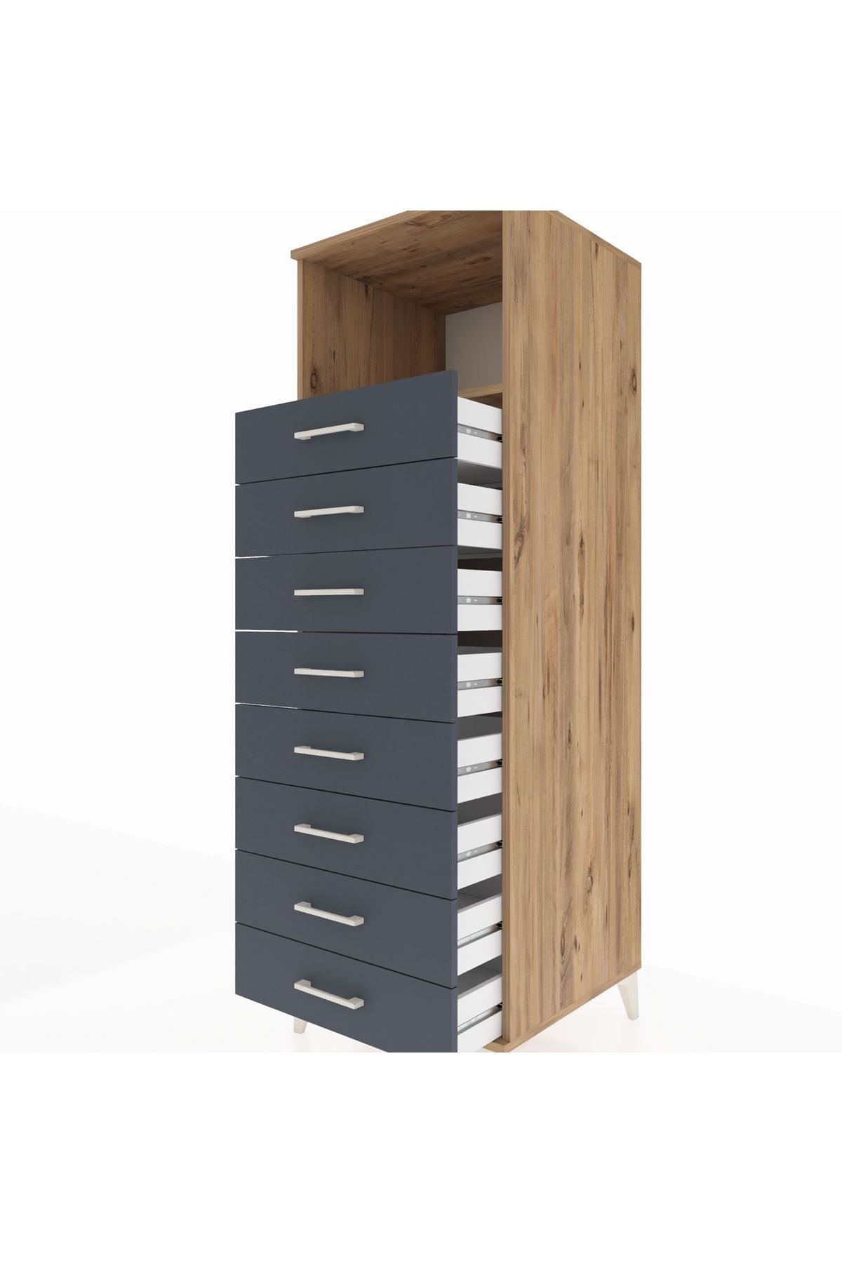 Kronos Dolap Tek Raflı 8 Çekmeceli 60x59x182 Çam-Antrasit