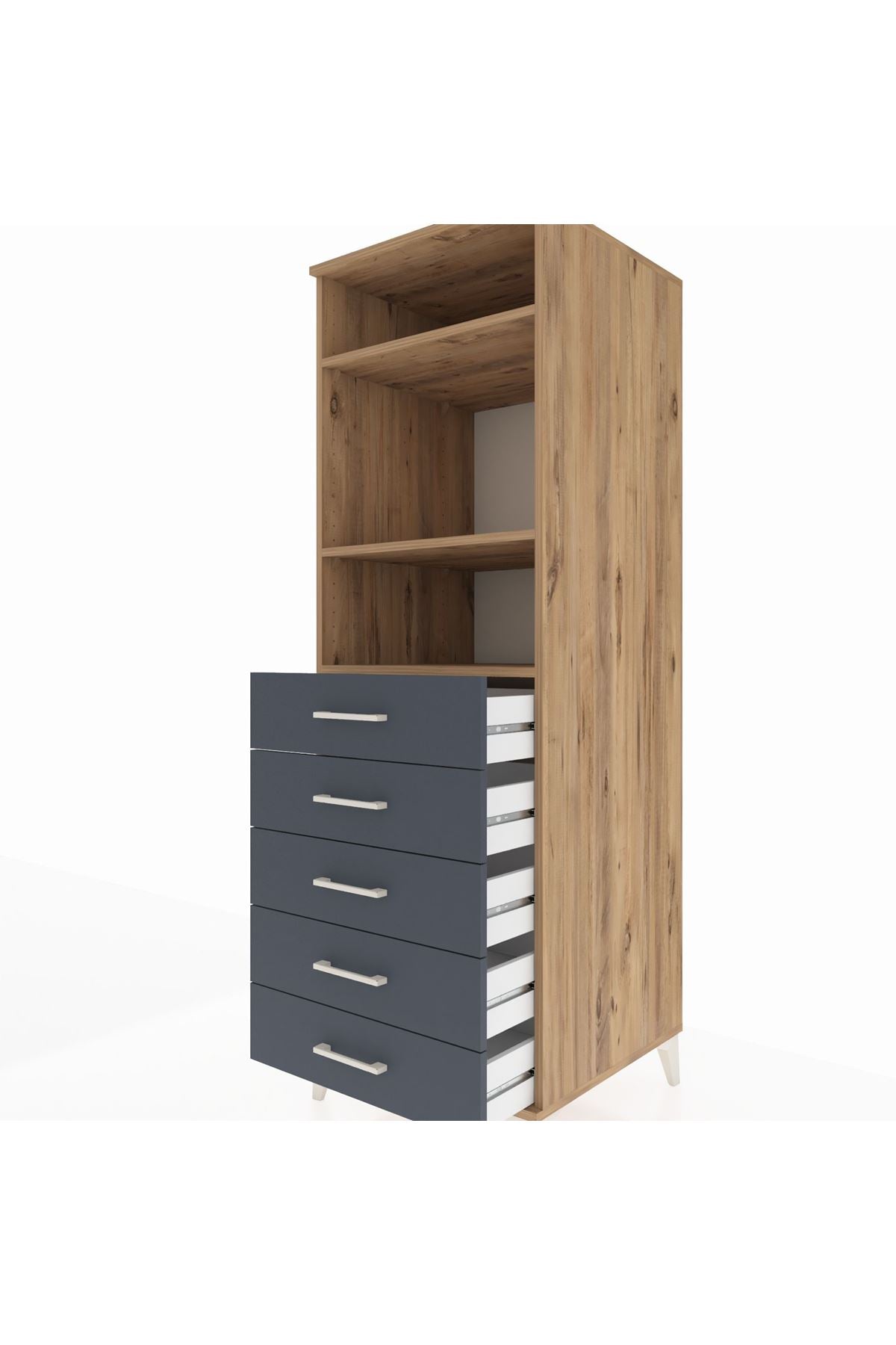Kronos Dolap 3 Raflı 5 Çekmeceli 60x59x182 Çam-Antrasit