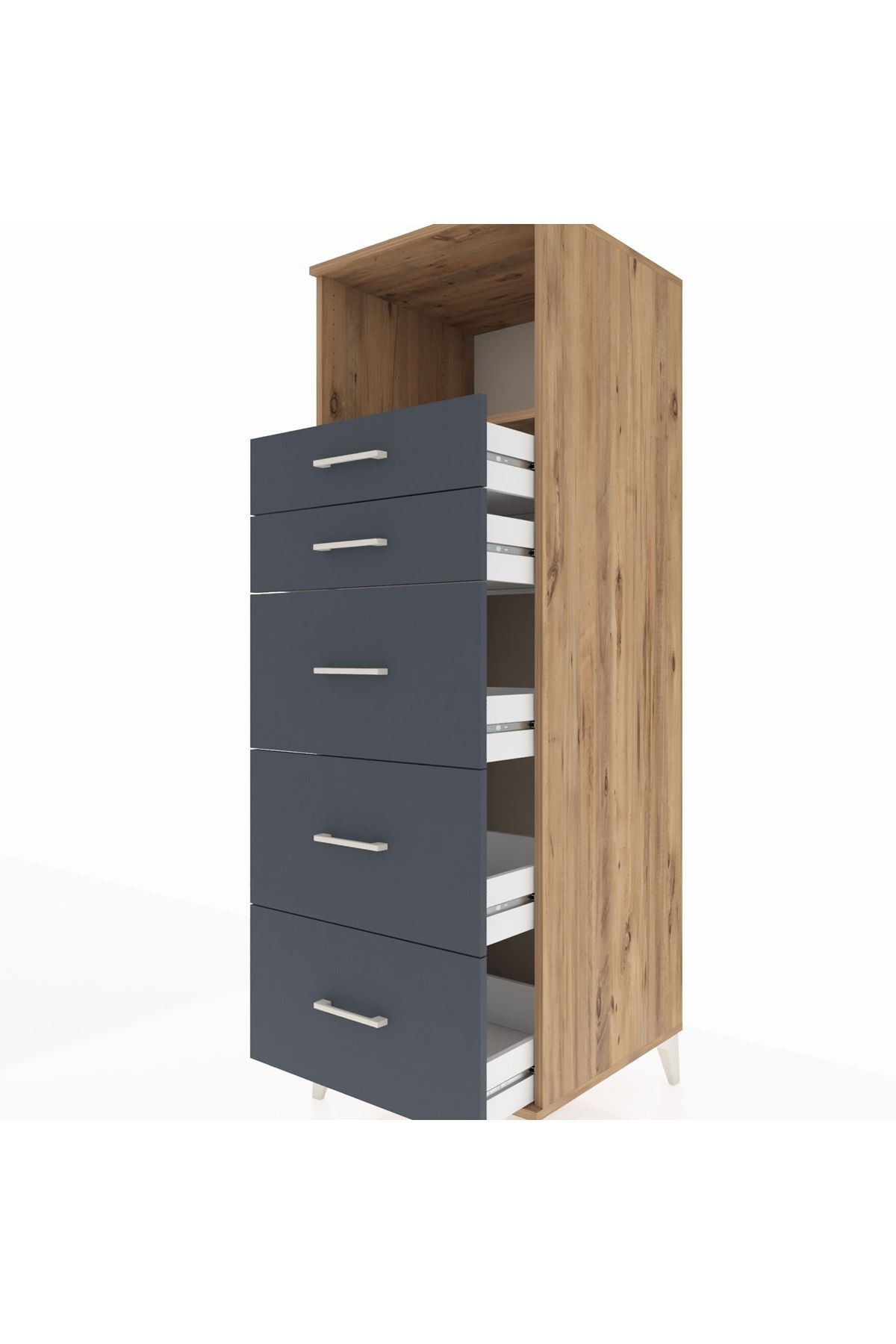 Kronos Dolap Tek Raflı 5 Çekmeceli 60x59x182 Çam-Antrasit