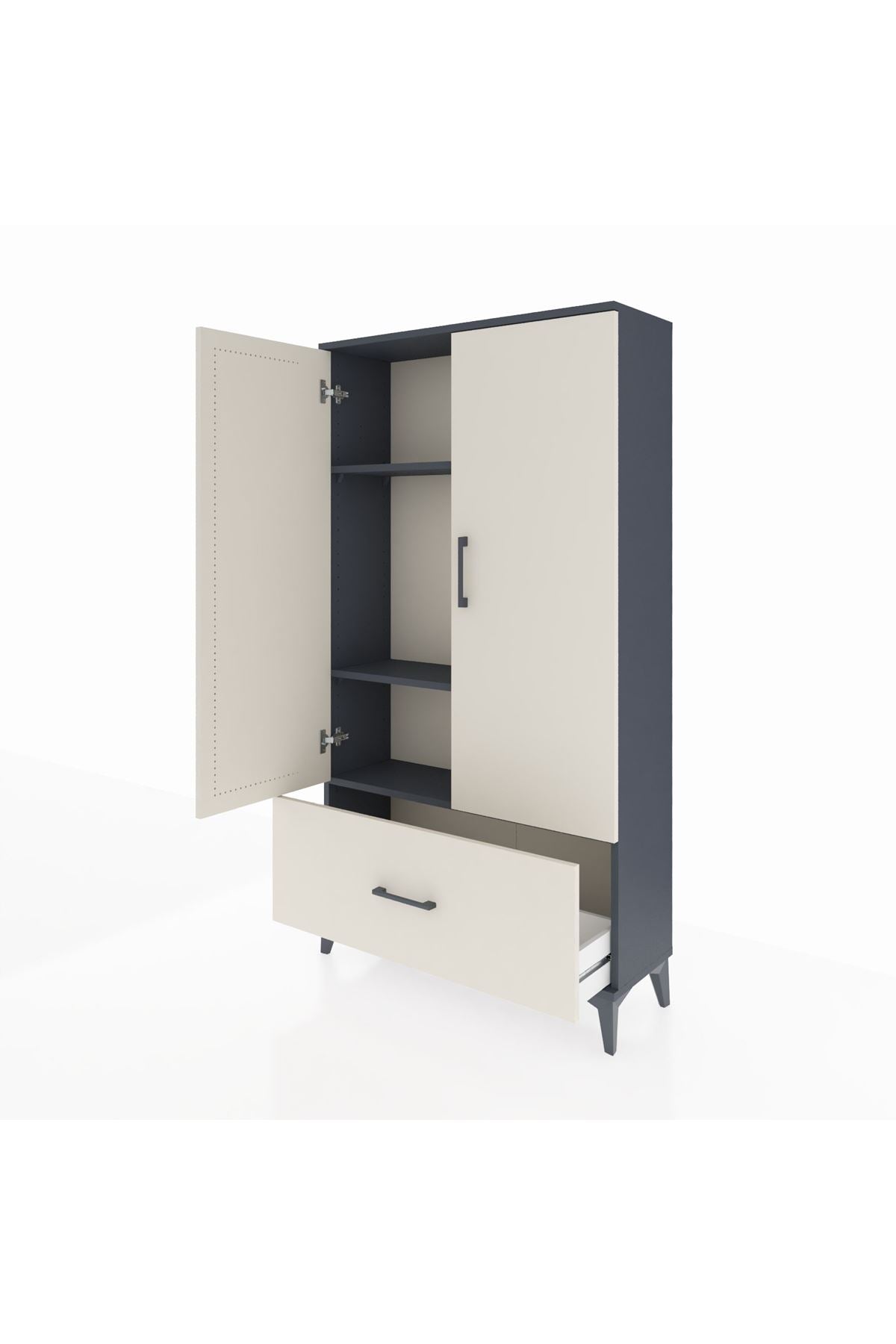 Arges Dolap 3 Raflı Tek Çekmeceli 2 Kapaklı 88x30x163 Antrasit-Aytaşı