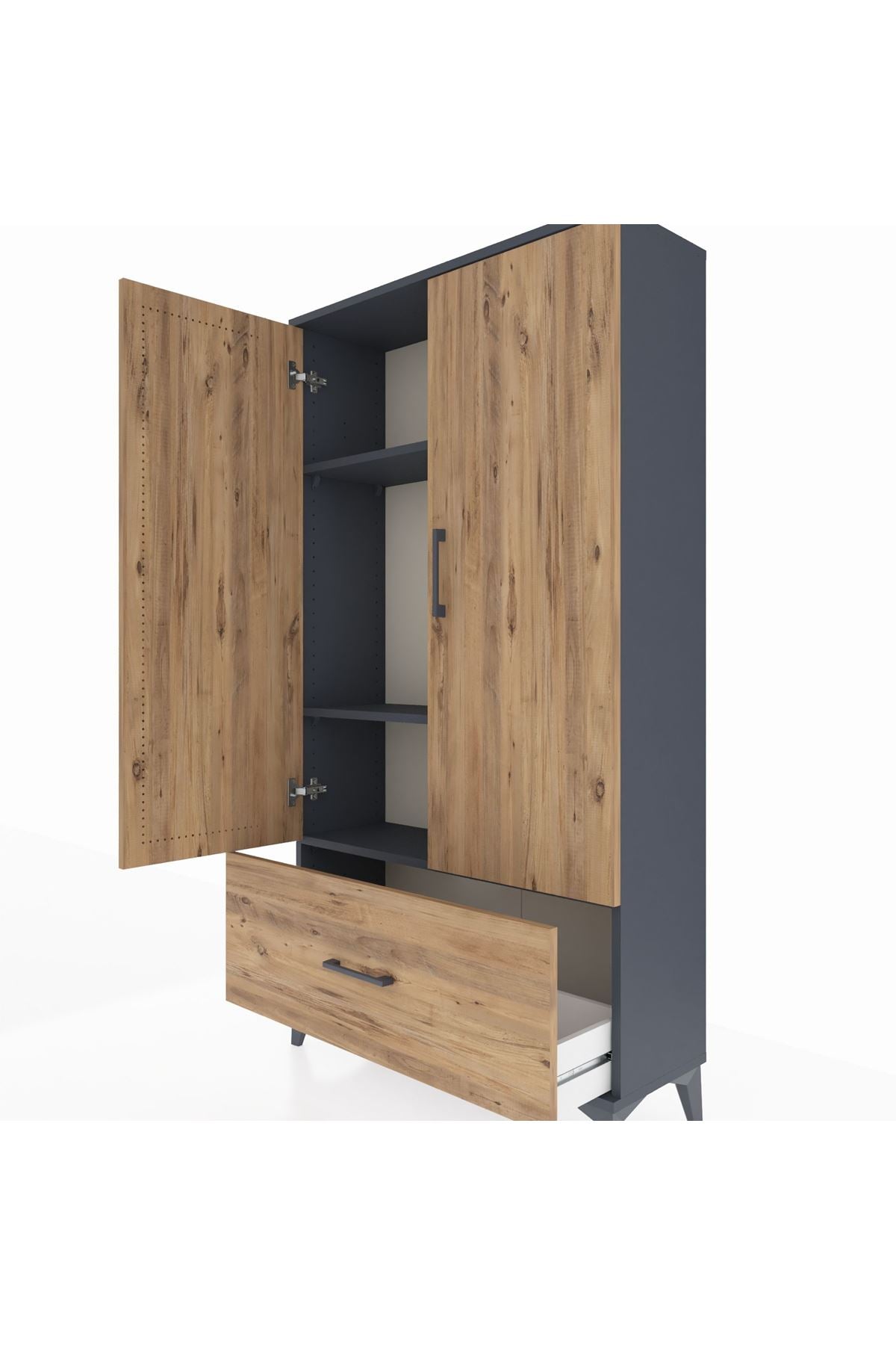 Arges Dolap 3 Raflı Tek Çekmeceli 2 Kapaklı 88x30x163 Antrasit-Çam