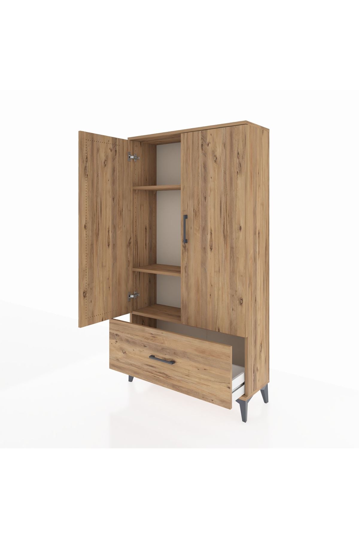 Arges Dolap 3 Raflı Tek Çekmeceli 2 Kapaklı 88x30x163 Çam-Çam