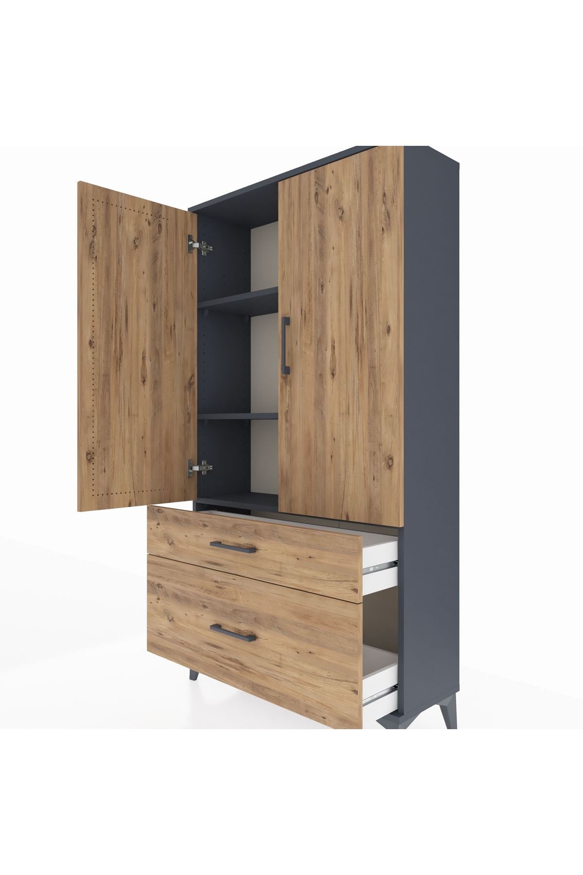 Arges Dolap 3 Raflı 2 Çekmeceli 2 Kapaklı 88x30x163 Antrasit-Çam