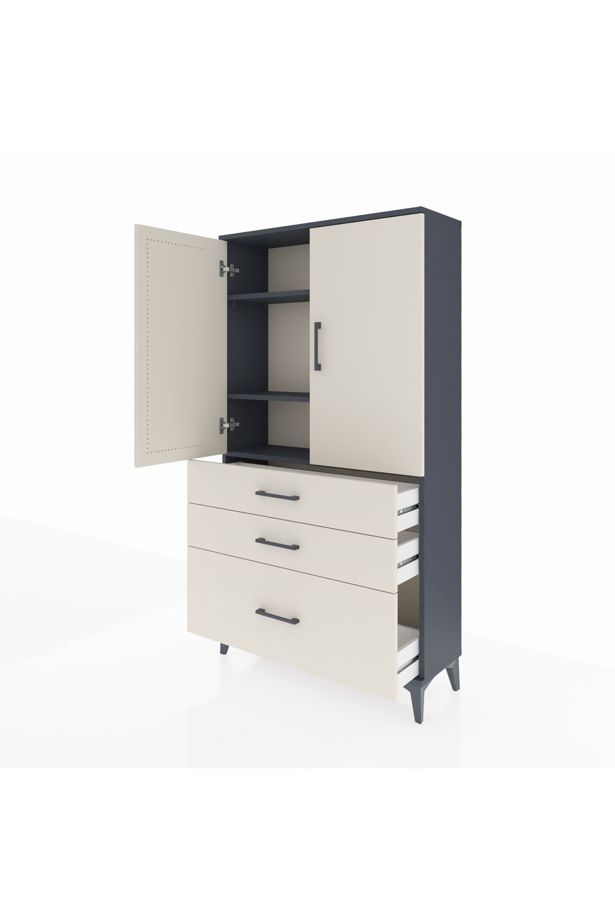 Arges Dolap 3 Raflı 3 Çekmeceli 2 Kapaklı 88x30x163 Antrasit-Aytaşı