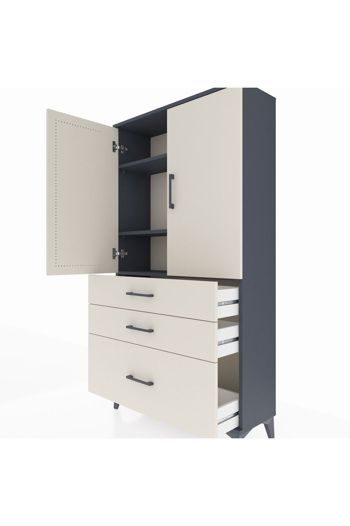 Arges Dolap 3 Raflı 3 Çekmeceli 2 Kapaklı 88x30x163 Antrasit-Aytaşı